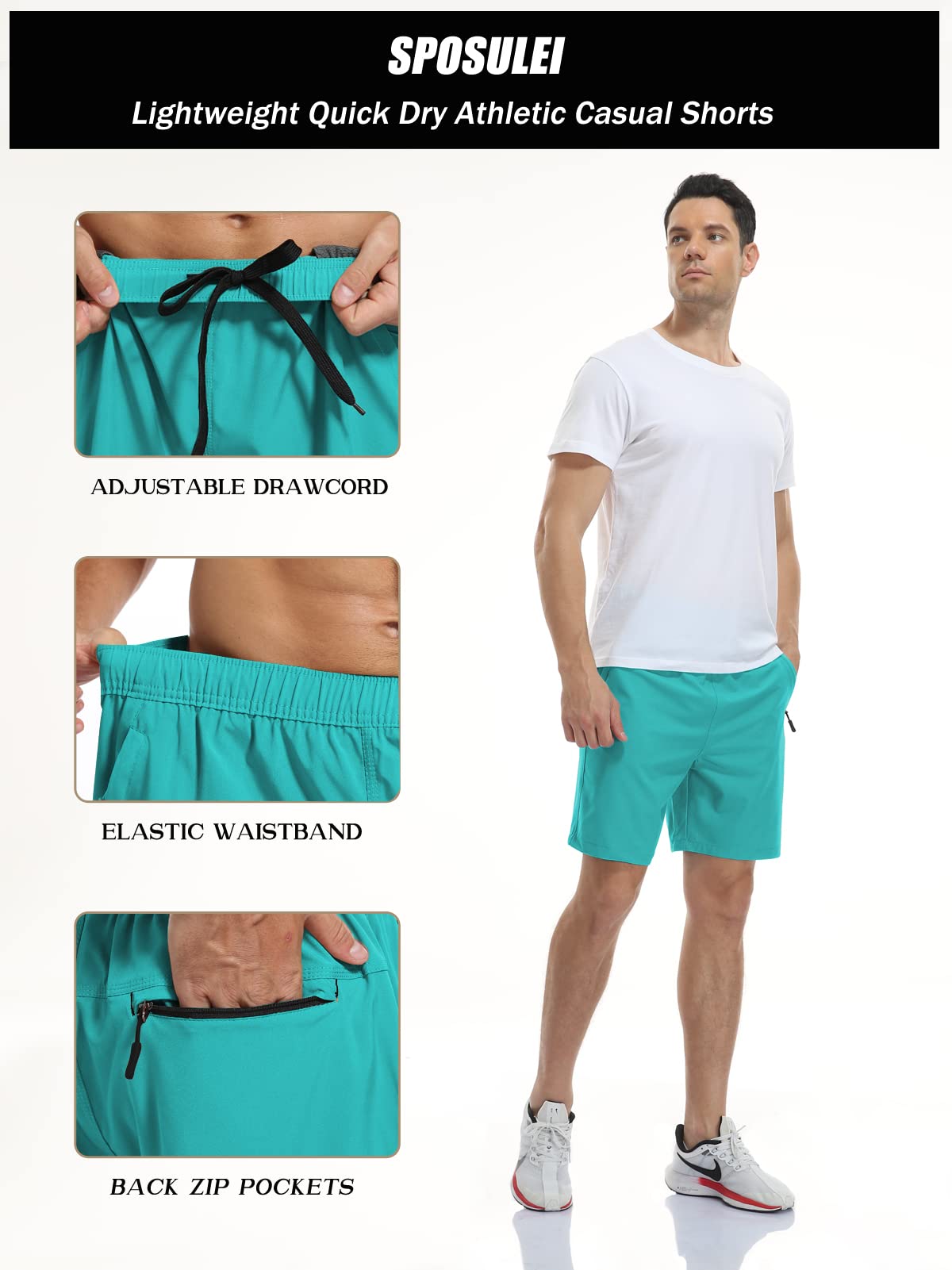 SPOSULEI Men's Quick-Dry Hiking Shorts - Water Resistant Lightweight Athletic Shorts with Zipper Pockets for Outdoor Running, Camping & Travel