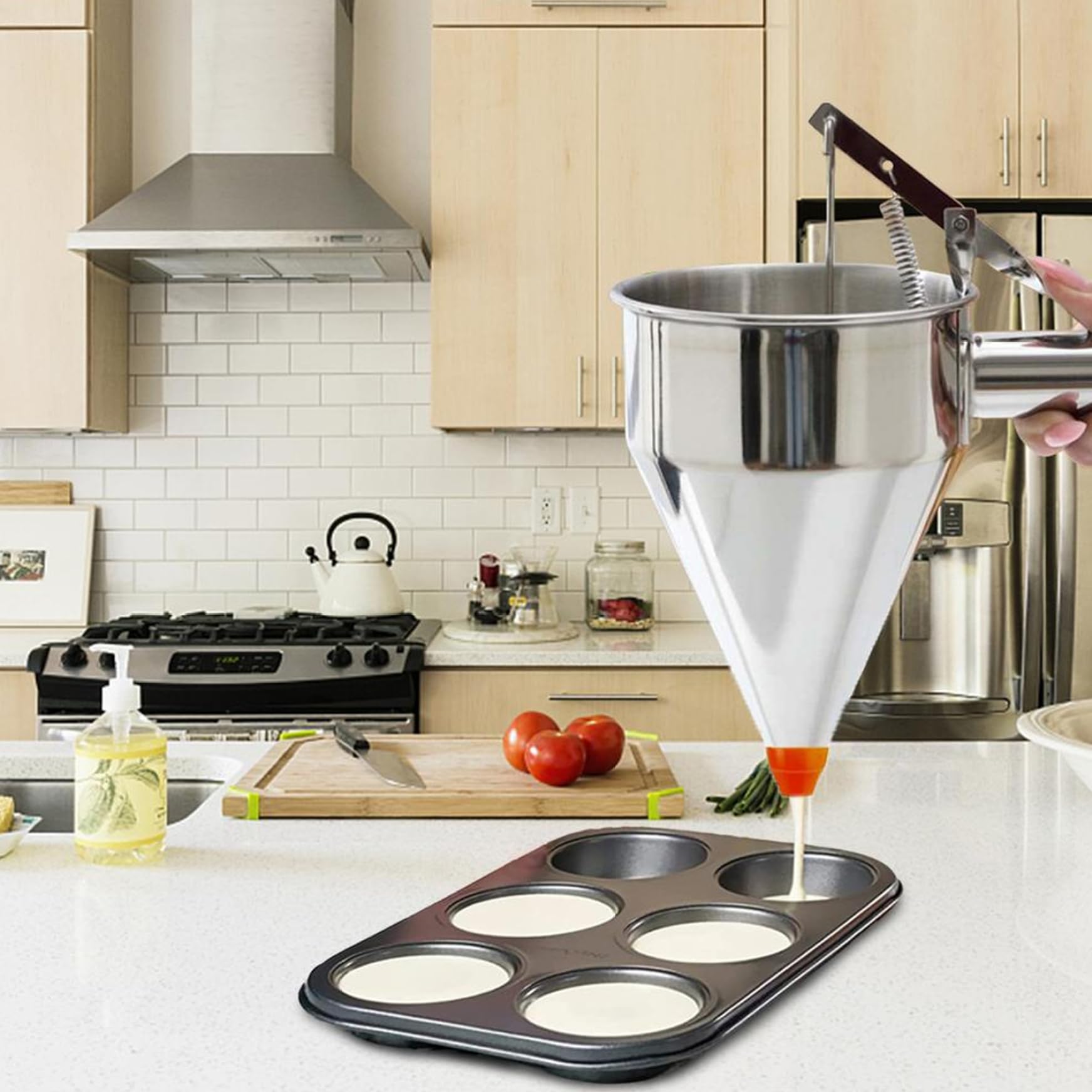 **40oz Stainless Steel Pancake Batter Dispenser with Stand & 4 Nozzles – Perfect for Griddle Cakes, Funnel Cakes, Desserts & Baking – Durable Piston Funnel for Easy Pouring**    *(Use Cases: Ideal for making pancakes, waffles, funnel cakes, cupcakes, crepes, and other desserts at home, bakeries, or food trucks.)*