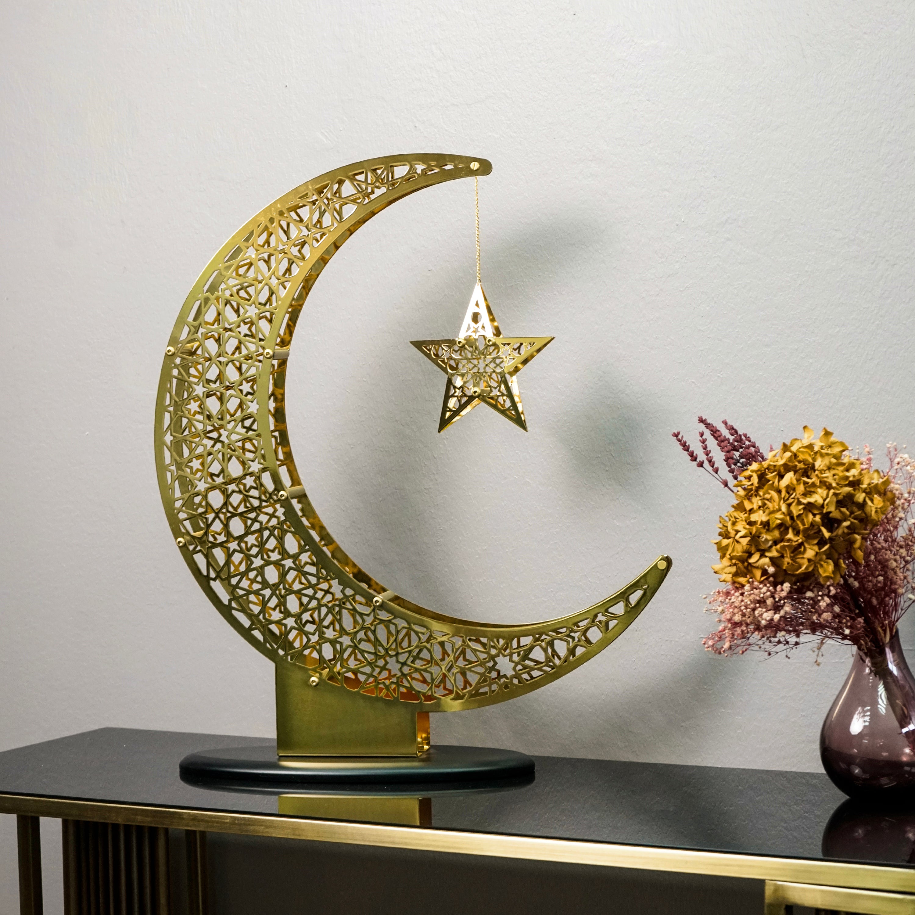 Shiny Metal Crescent & Star Islamic Wall Decor - Elegant Islamic Home Decoration & Gift for Ramadan, Eid, Wedding - Perfect for Living Room, Bedroom, Mosque