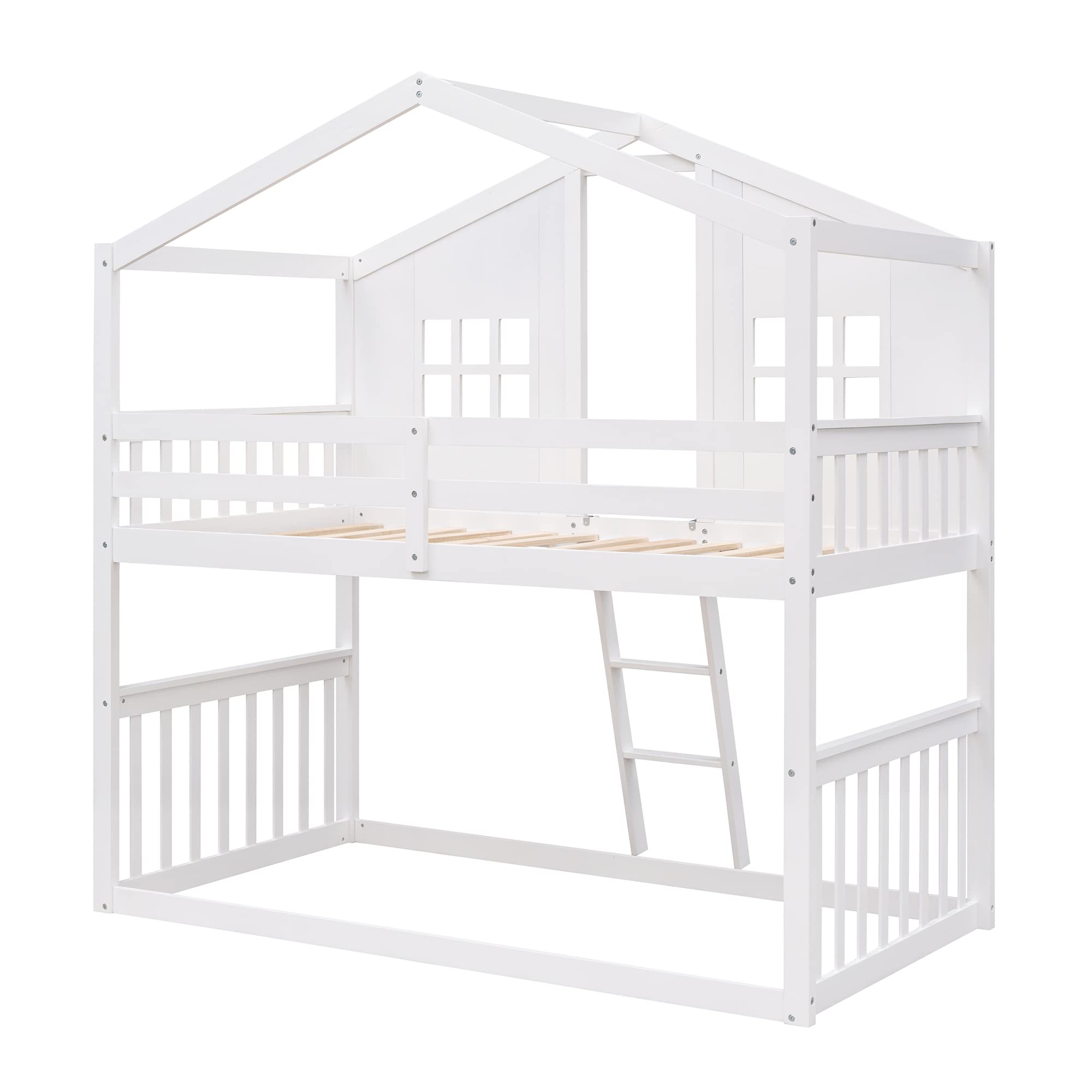 MERITLINE Twin Over Twin Wooden Bunk Bed Frame with Roof - Low Profile Kids Bunk Bed for Boys, Girls & Teens (White) - Perfect for Small Bedrooms, Shared Kids Rooms & Sleepovers