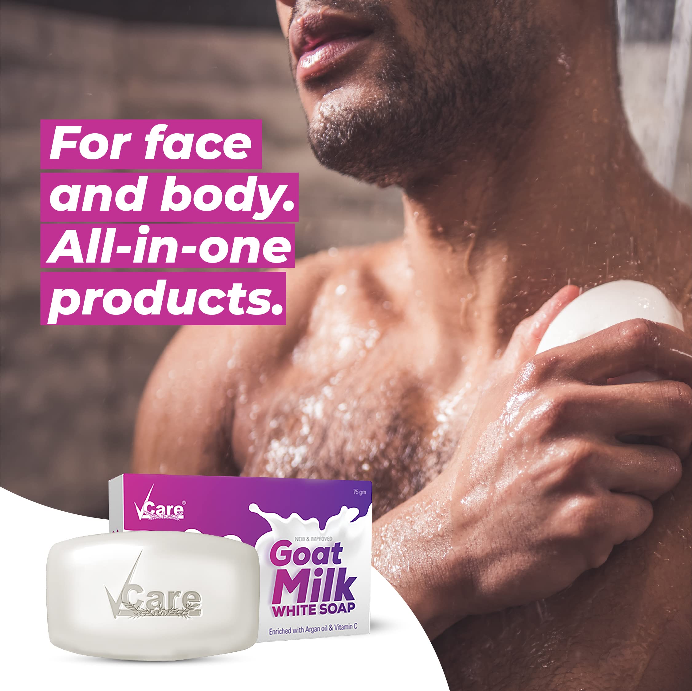 VCare Goat Milk Soap Bar with Vitamin C & Argan Oil - Deep Exfoliating & Hydrating Face & Body Soap for Women & Men | Sulfate Free, Paraben Free, Natural Skincare | Perfect for Dry Skin, Sensitive Skin & Daily Cleansing (75g, Pack of 3)