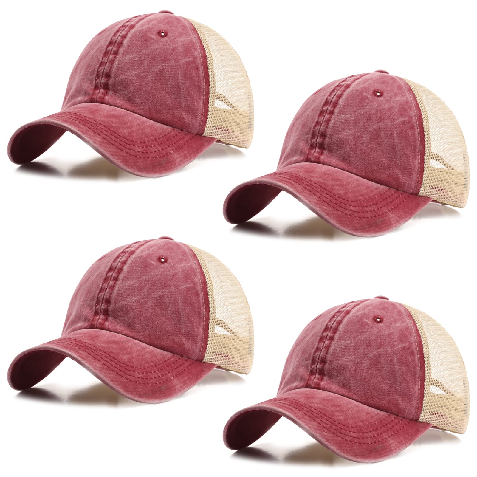 Vintage Washed Cotton Distressed Baseball Cap - 4 Pack Adjustable Unstructured Trucker Hat with Mesh Back for Men & Women - Perfect for Outdoor Sports, Tennis, Hiking, and Casual Wear