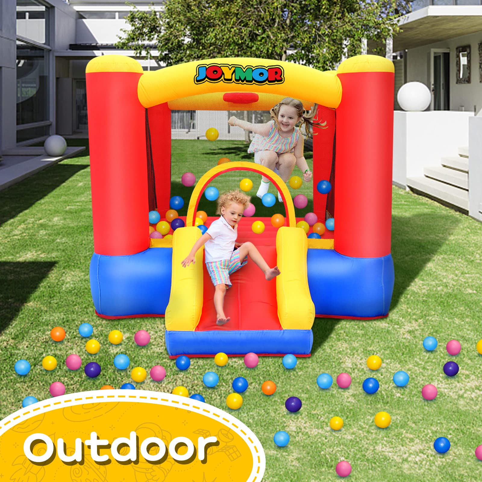 JOYMOR Inflatable Bounce House for Kids Ages 3-6 - Indoor Playhouse with Air Blower, Basketball Hoop & Slide - Perfect for Toddlers 1-3, Birthday Parties, Backyard Fun & Indoor Playtime