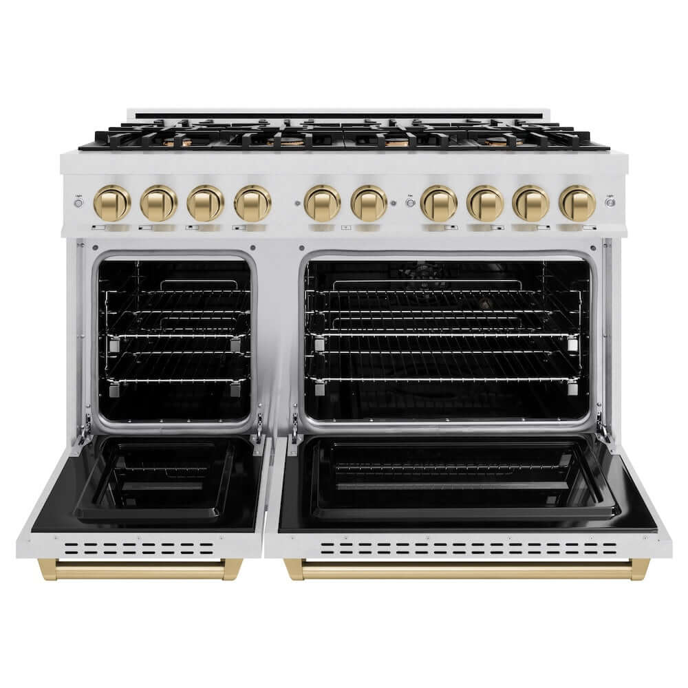 ZLINE Autograph Edition 48-inch 6.7 cu. ft. Classic Double Oven Dual Fuel Range with 8-Burner Gas Cooktop in Satin Stainless Steel & Champagne Bronze Accents (CDRSZ 48 CB) - Perfect for Large Kitchens, Professional Chefs & Home Cooking Enthusiasts