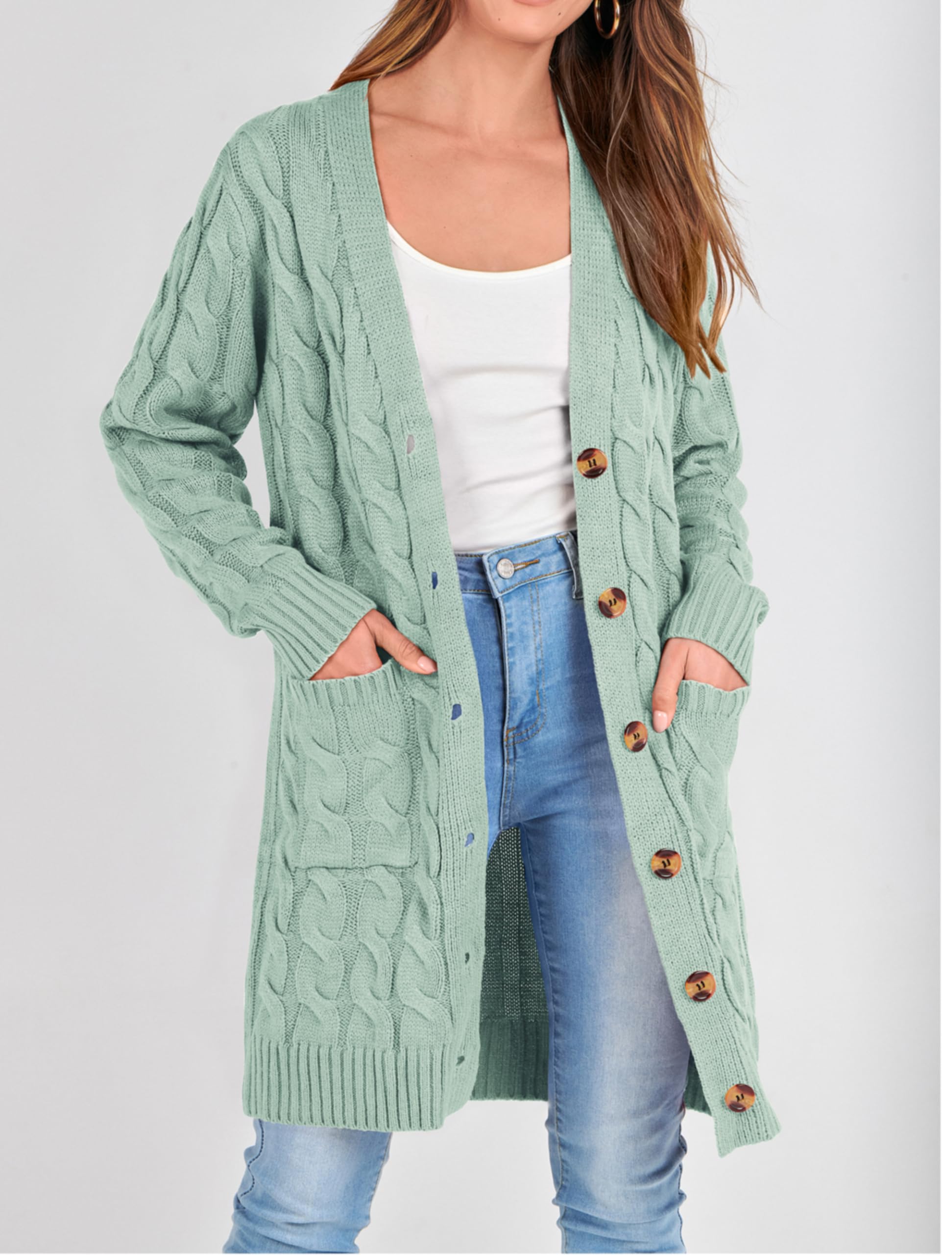 PRETTYGARDEN Women's Long Sleeve Cable Knit Cardigan - Chunky Open Front Button Sweater with Pockets for Fall Winter 2025 | Cozy Layering for Office, Date Night & Casual Outfits