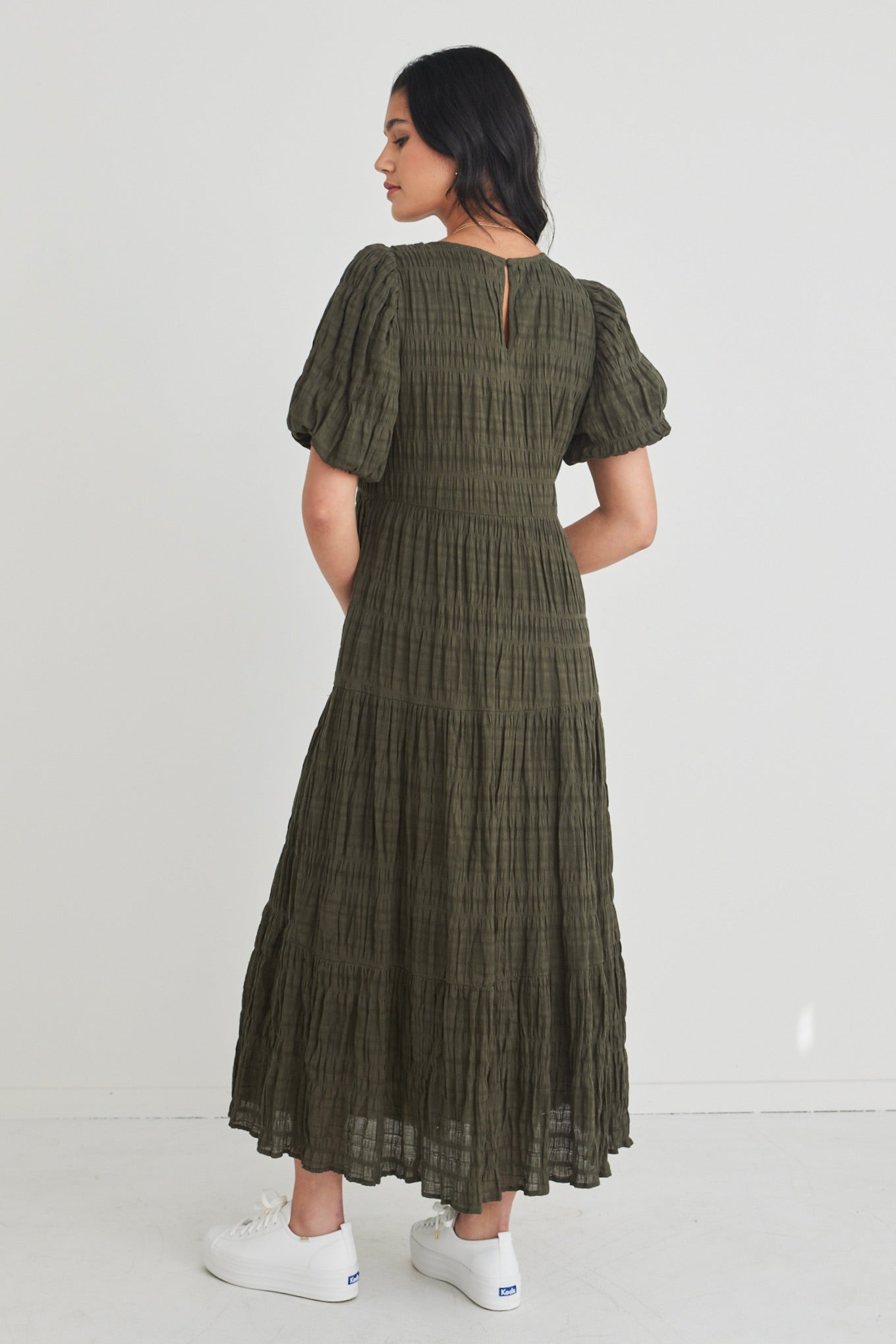 Graceful Khaki Shirred Cotton Bubble Sleeve Tiered Maxi Dress for Women - Summer Beach Wedding Party Vacation Outfit