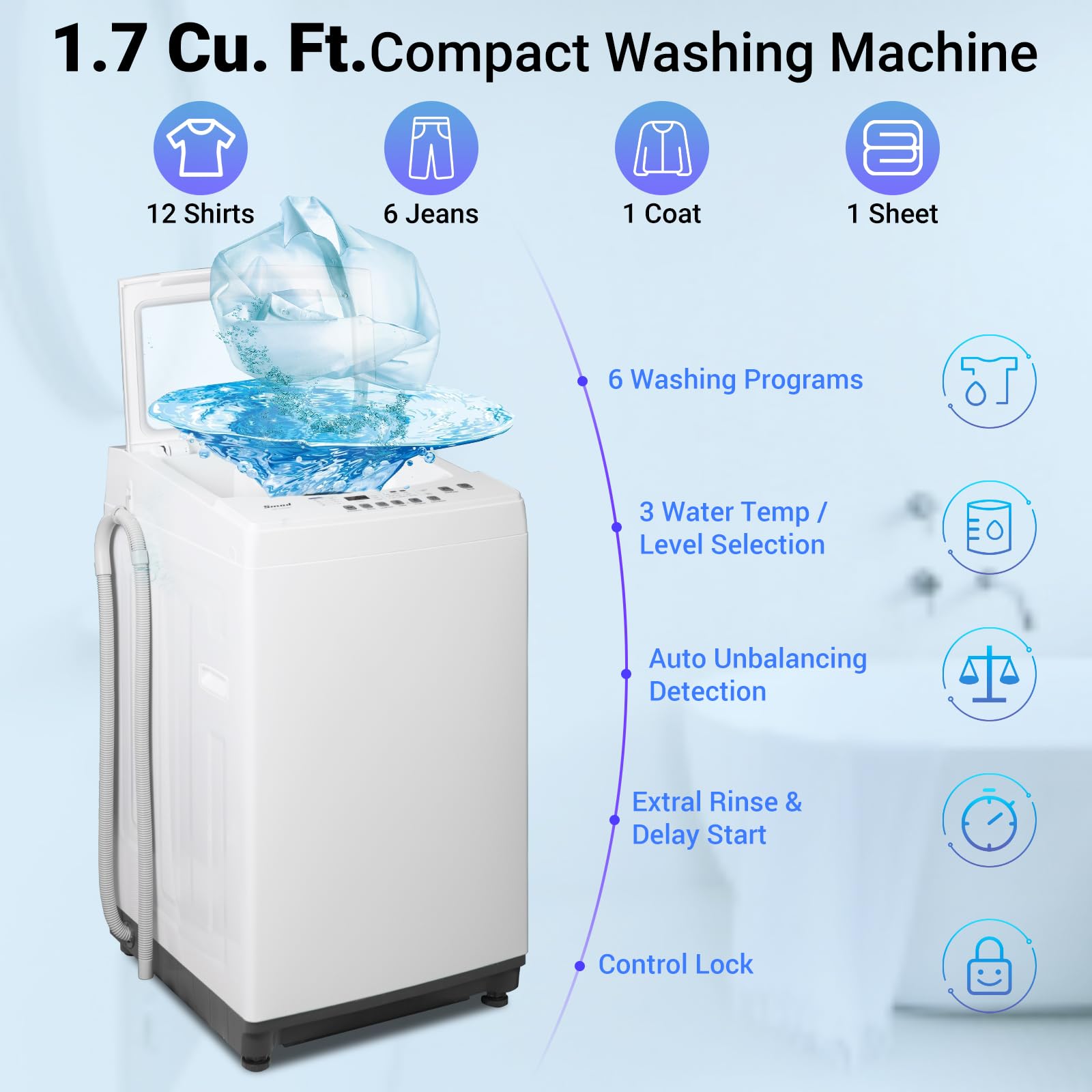 1.7 Cu. Ft. Portable Washing Machine - 12LBS Capacity Top Load Washer with 6 Wash Programs, LED Display & Wheels - Compact Laundry Solution for Apartments, Dorms, RVs - White (Ideal for Small Spaces & On-the-Go Washing)