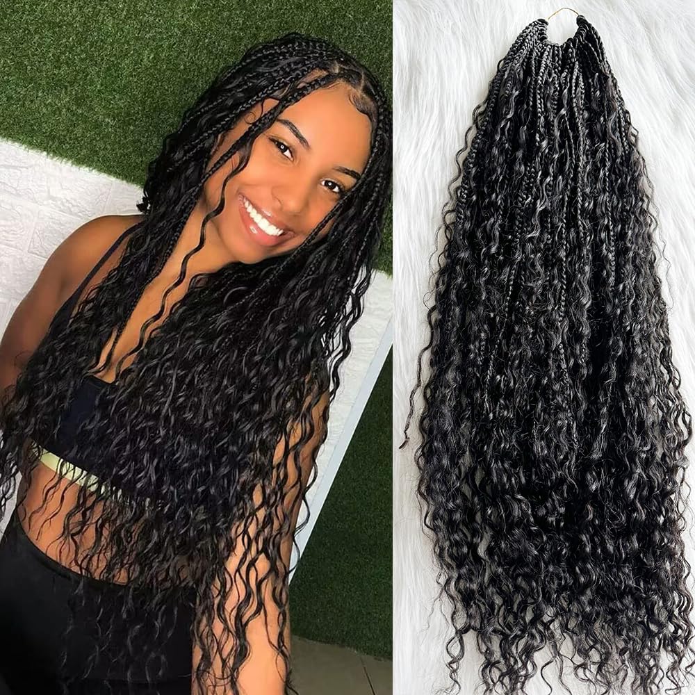 Natural Color 14 Inch Crochet Boho Box Braids with Human Hair Curls - Pre-Looped Box Braids with Curly Human Hair & Full Ends - 2 Pack (80 Strands) Hair Extensions for Women - Perfect for Boho Chic, Festival, and Everyday Protective Styles
