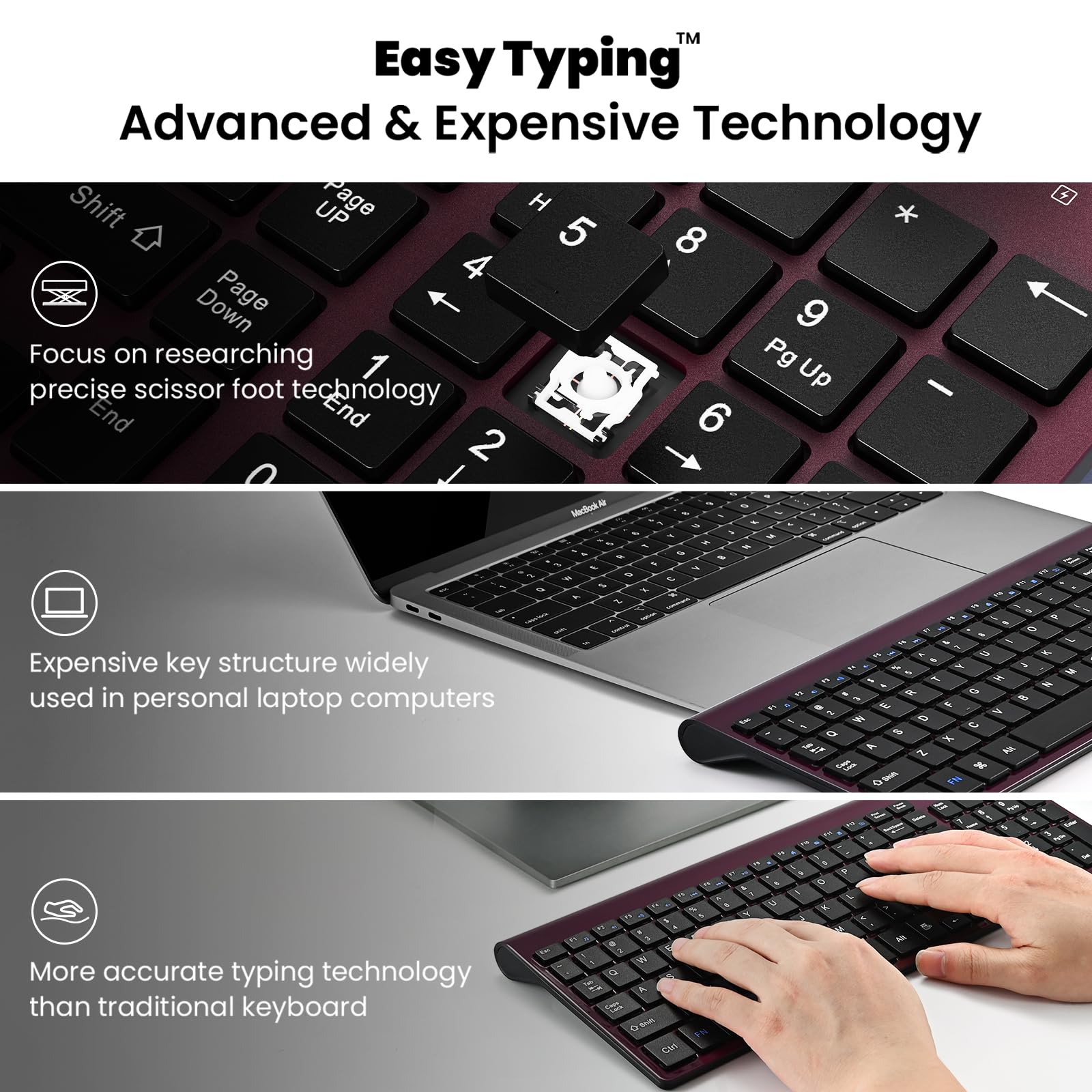 Cimetech EasyTyping KF10 Wireless Keyboard and Mouse Combo - Silent Scissor Switch Keys, Ergonomic Ultra Slim Design for PC/Laptop/Windows (Wine Red) - Perfect for Office Work, Home Use and Gaming