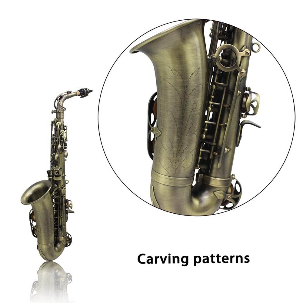 Professional Bb Alto Saxophone - High Grade Antique Bronze Finish with Abalone Shell Key Carvings | Includes Hard Case, Gloves, Cleaning Cloth, Straps & Brush | Perfect for Beginners, Students & Jazz Performers
