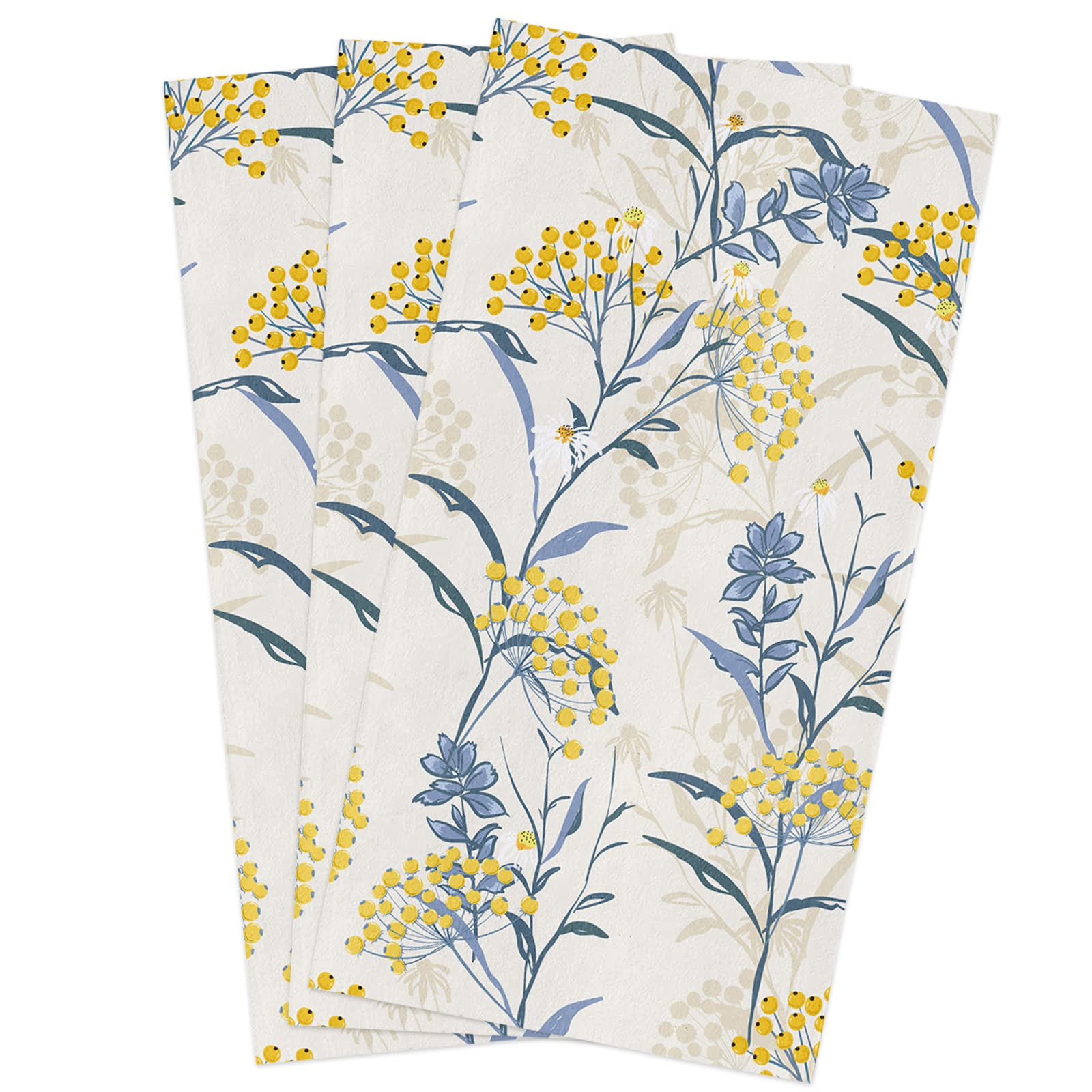 Vintage Floral Cotton Kitchen Towels Set of 3 - Soft Absorbent 16x28 Inch Dish Cloths, Tea Towels & Hand Towels in Yellow Blue Summer Flower Design - Perfect for Cooking, Baking, Dish Drying & Home Decor