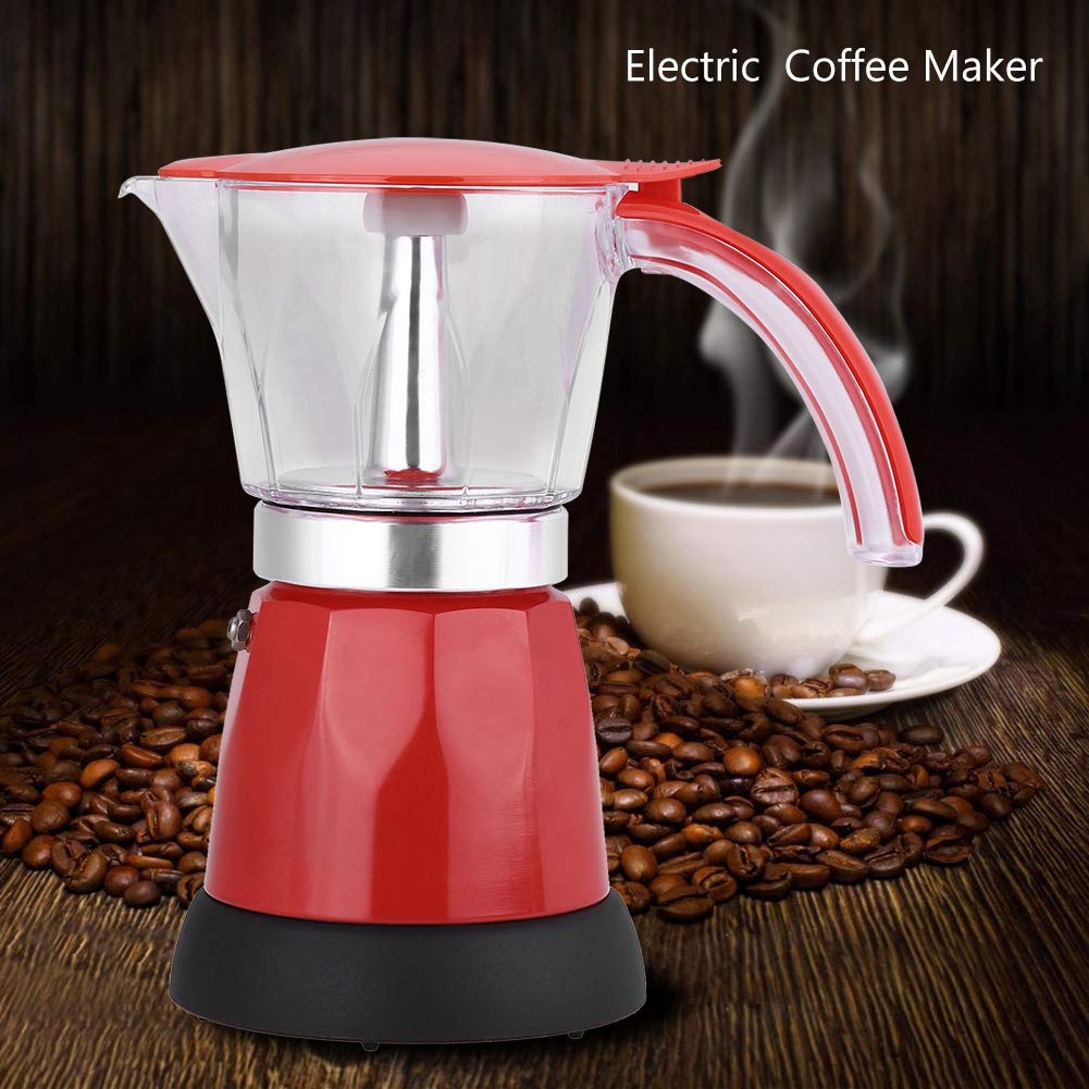 Premium Aluminum Alloy Electric Coffee Maker - 3-Cup Moka Pot for Espresso & Cappuccino | Fast Brewing for Home, Office & Camping Use (Red)