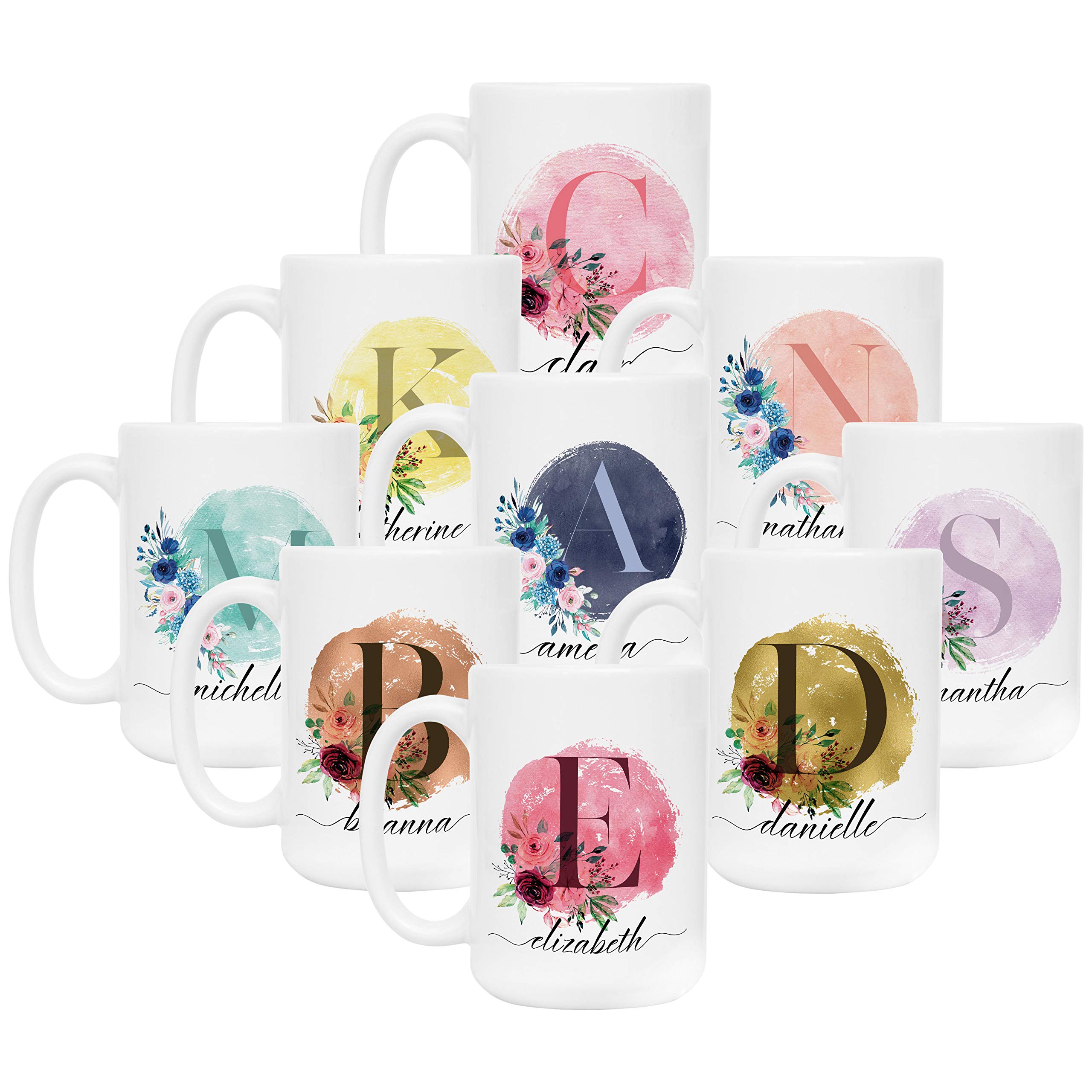 Personalized 15oz Ceramic Coffee Mug for Women - Custom Name & Initial Cup in 9 Colors - Unique Mother's Day Gift, Bridesmaid Present, Grandma Gift Idea - Perfect for Home, Office & Special Occasions