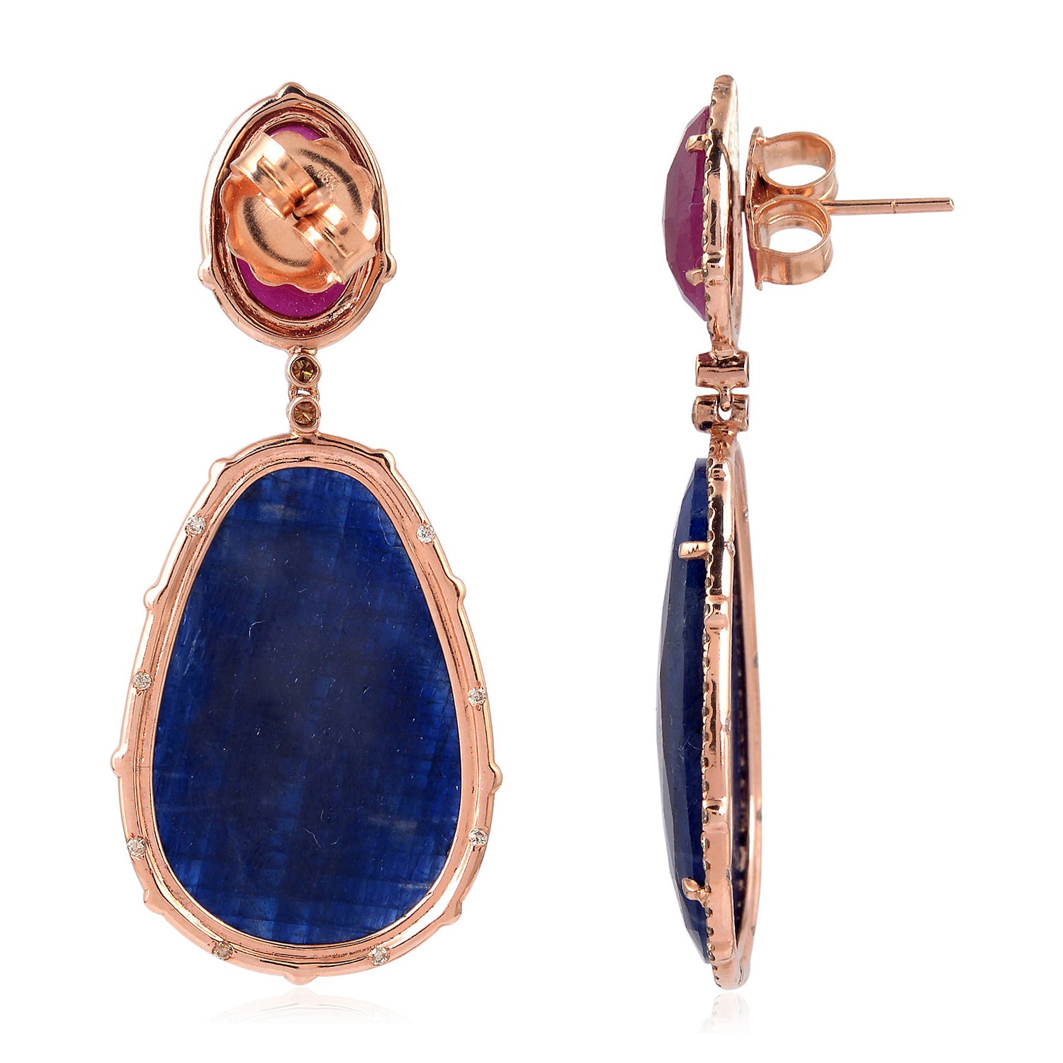 18K Rose Gold Egg Shape Ruby & Blue Sapphire Pave Diamond Drop Earrings for Women - Elegant Dangle Earrings for Parties, Weddings & Special Occasions