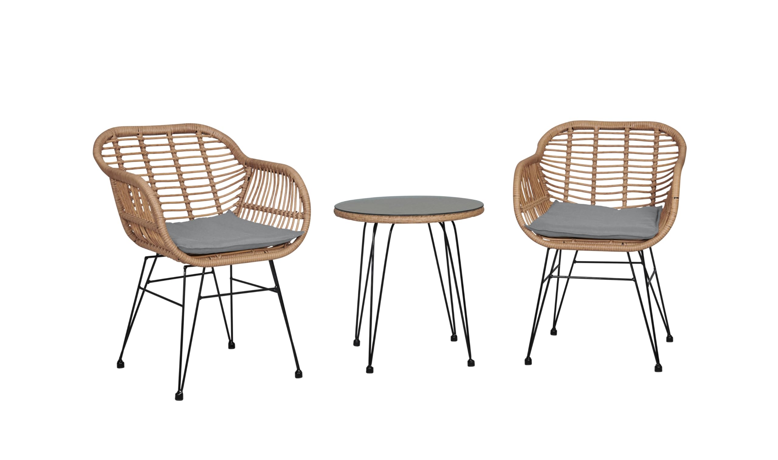 Antibes 3-Piece Patio Conversation Set with Cushions - Steel Frame Wrapped in Rattan, 2 Armchairs & Tempered Glass End Table - Grey Outdoor Furniture for Garden, Backyard, and Poolside Relaxation