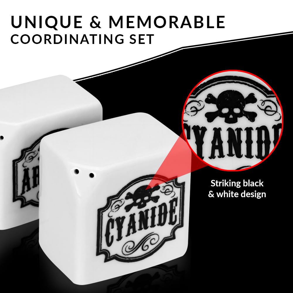 Funny Halloween Salt and Pepper Shakers - Arsenic & Cyanide Gothic Kitchen Decor for Spooky Witch Themed Parties, Goth Home Accessories, Unique Oddities & Curiosities - Perfect for Gothic Dinnerware & Halloween Table Settings (White)