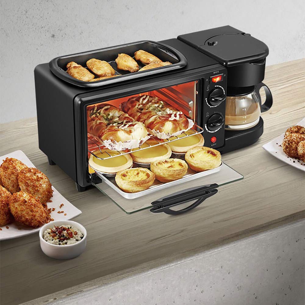 3-in-1 Electric Breakfast Maker - Mini Drip Coffee Machine, Pizza Oven & Egg Toaster Combo | Perfect for Small Kitchens, Dorms & Office Use | Black