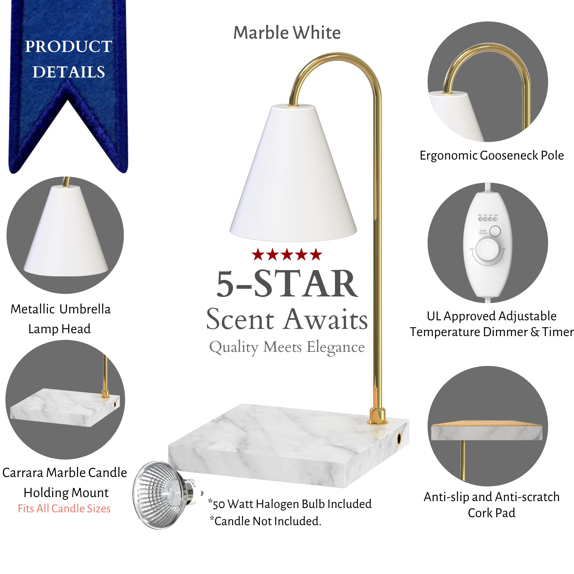 CozyBerry® Dimmable Candle Warmer Lamp with Timer - Compatible with Yankee Candle Large Jars & Wax Melts, Italian Marble Design for Home Decor, Bedroom, Office & Gift Giving