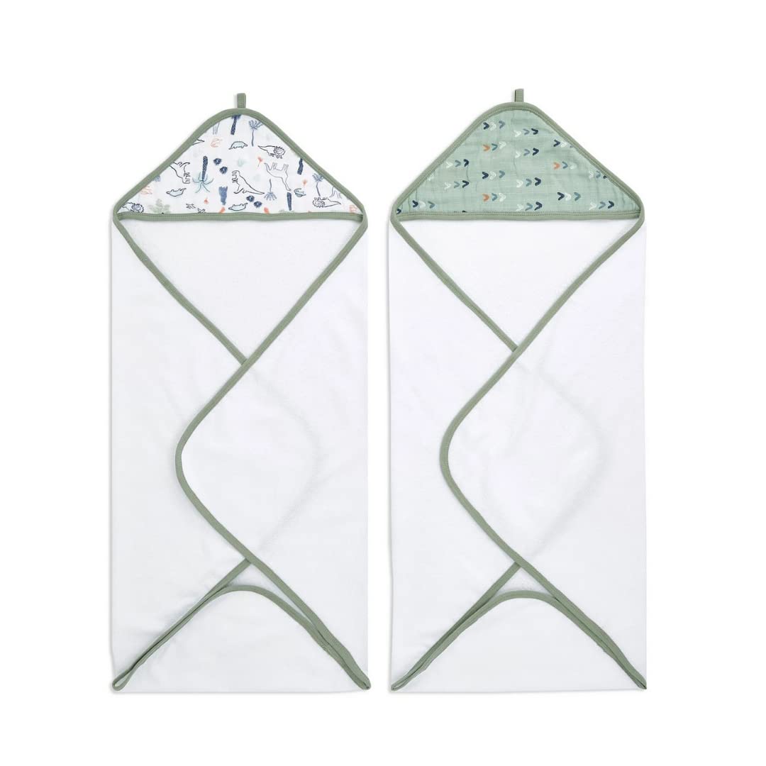 aden + anais Classic Hooded Baby Bath Towel - 100% Premium Cotton Terry Cloth for Newborns, Infants & Toddlers - Ultra Soft & Absorbent - 2 Pack Dinosaur Print - Perfect for Bath Time, Swimming & After Shower Wrap
