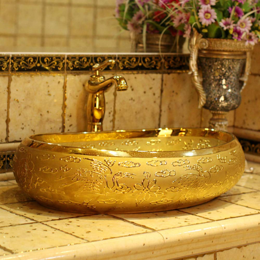 Premium Oval Ceramic Vessel Sink for Bathroom Vanity - Embossed Countertop Basin with Modern Design, Perfect for Contemporary Home & Luxury Hotel Bathrooms