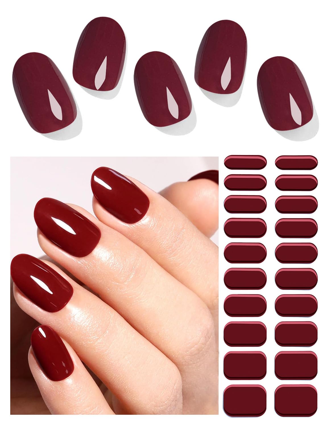 Wahrshei UV Nail Stickers - Wine Red Gel Nail Art Decals | 20 Self-Adhesive Nail Films for Salon & DIY Manicure | UV Gel Nail Stickers, Stencils & Decals for Professional & Home Nail Art | Perfect for Parties, Weddings & Special Occasions