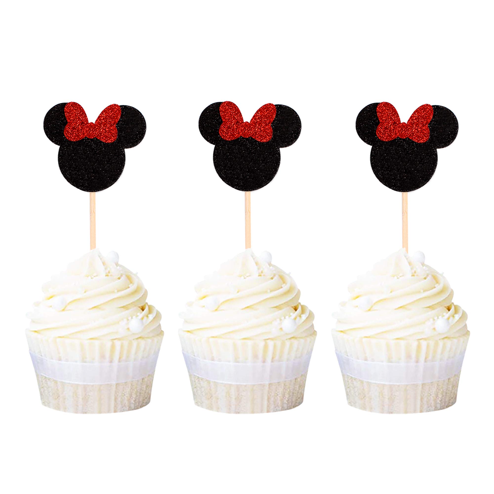 Ercadio Mouse Inspired Cupcake Toppers with Red Bow - Black Glitter Cupcake Picks Decorations (24 PCS) for Baby Shower, Kids Birthday Party, Girls Celebration - Perfect for Dessert Decor, Baking Supplies, and Themed Events