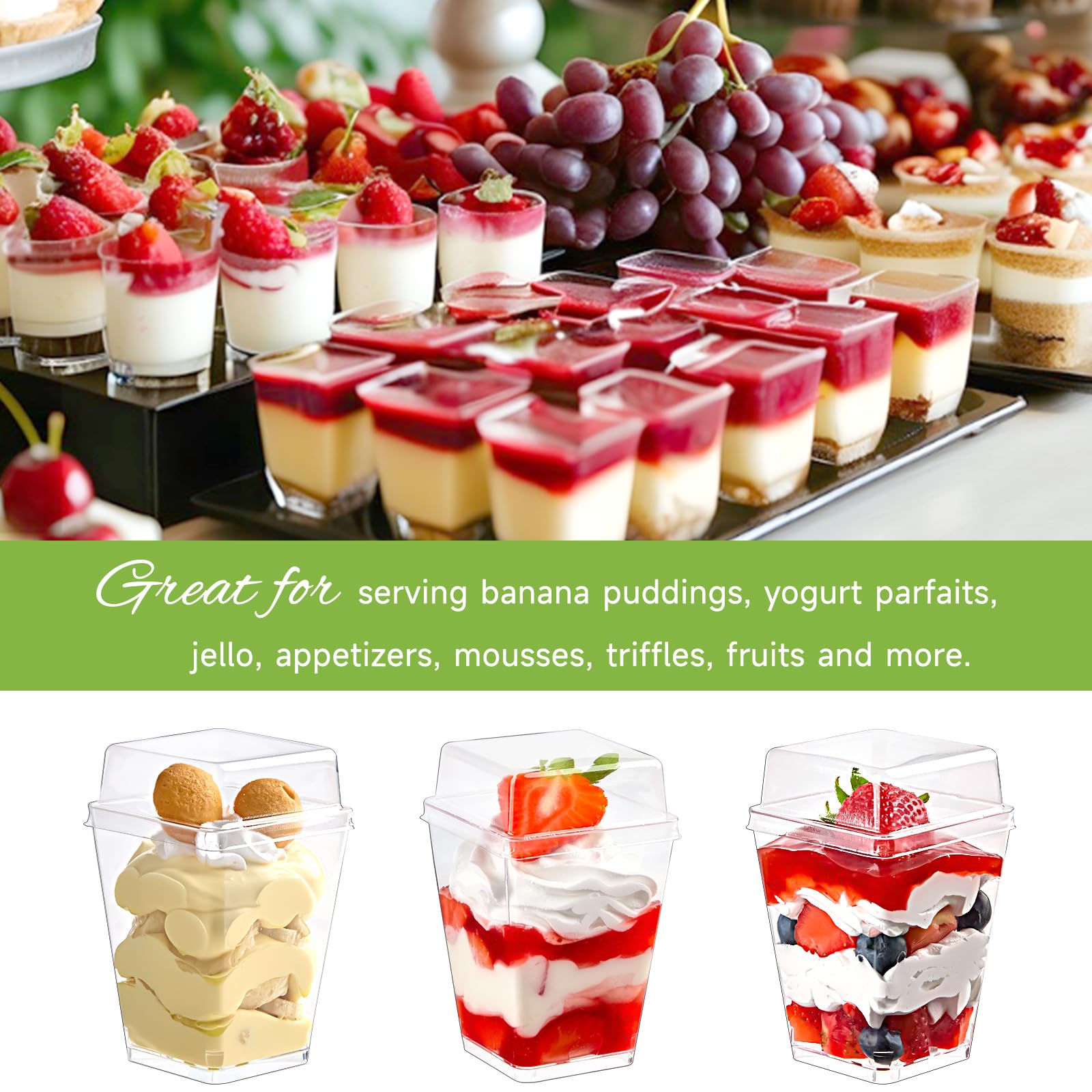 50 Pack 5 oz Clear Plastic Dessert Cups with Lids & Spoons - Square Mini Parfait Containers for Yogurt, Pudding, Ice Cream, Fruit & Appetizers - Perfect for Parties, Catering & Home Dessert Serving