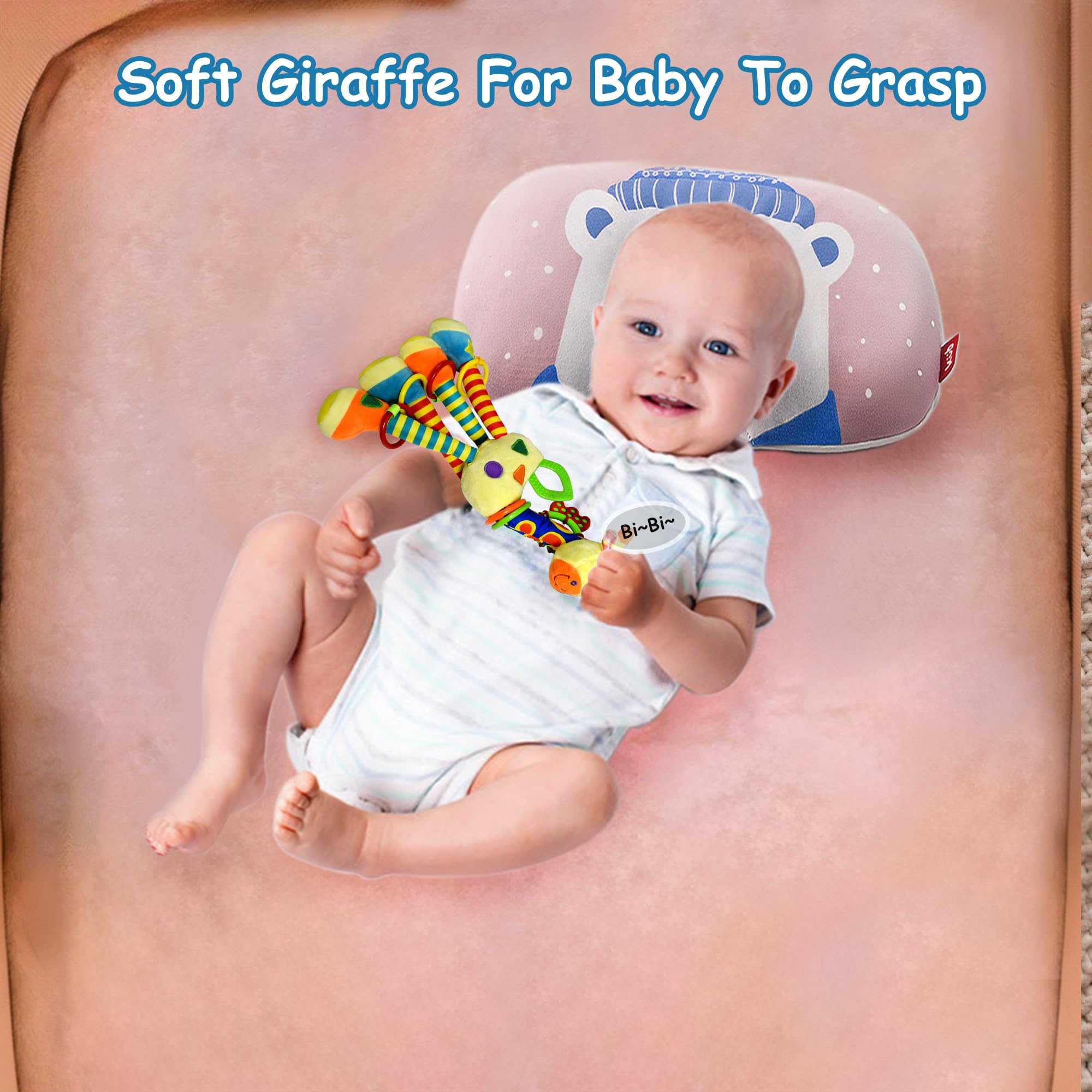 **Soft Giraffe Hanging Rattle Toy - 15 Inch Crinkle & Squeaky Baby Activity Toy for Stroller, Car Seat & Crib - Perfect Gift for Newborns & Infants 0-12 Months - Stimulate Senses & Encourage Play**    *(Use Case: Ideal for keeping babies entertained during car rides, stroller walks, or crib playtime while promoting sensory development.)*