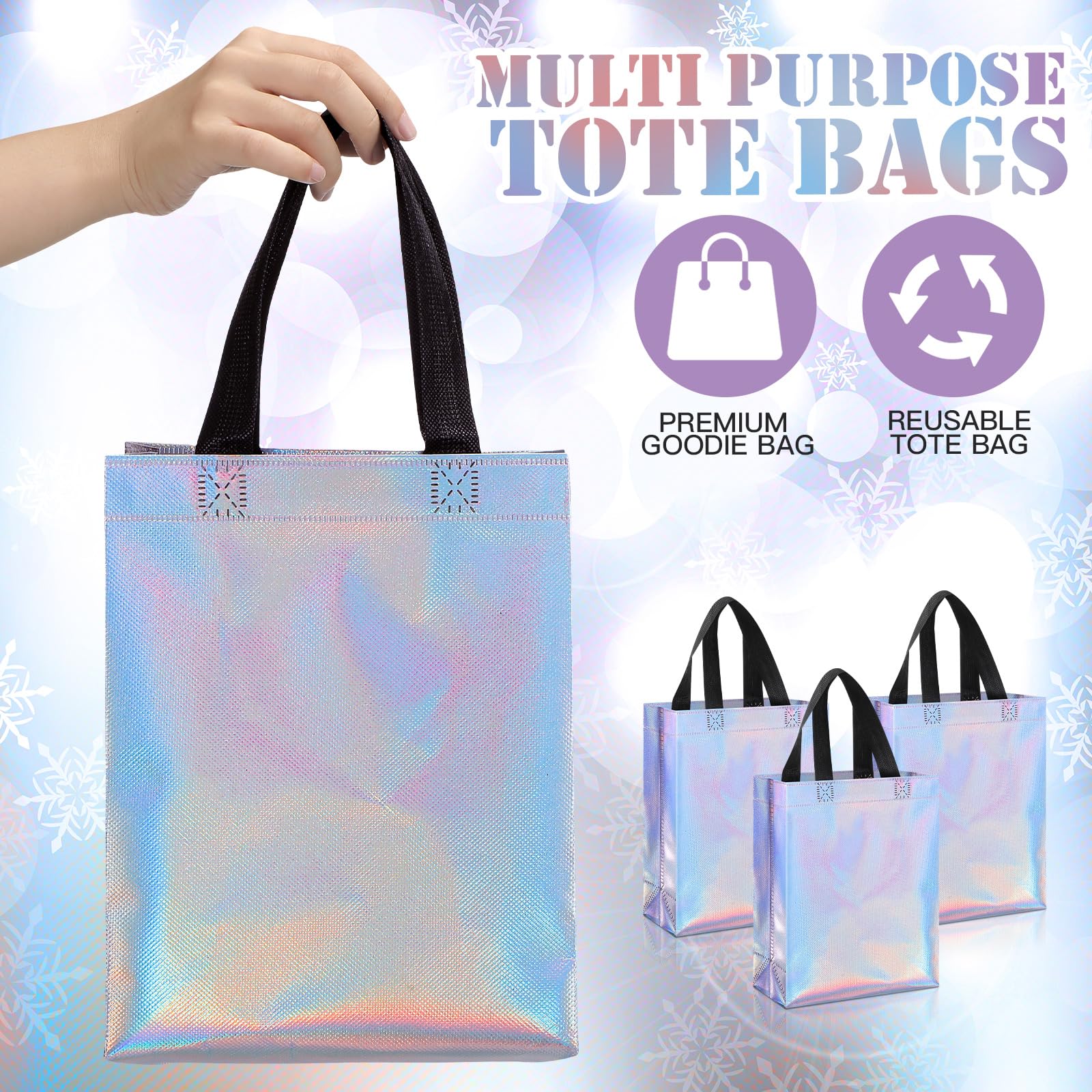 48 Pack Holographic Reusable Gift Bags with Handles - Iridescent Metallic Goodie Bags Bulk for Wedding, St. Patrick’s Day, Birthday Parties & Holiday Gifting - Durable Tote Bags for Party Favors, Bridal Showers & Special Events