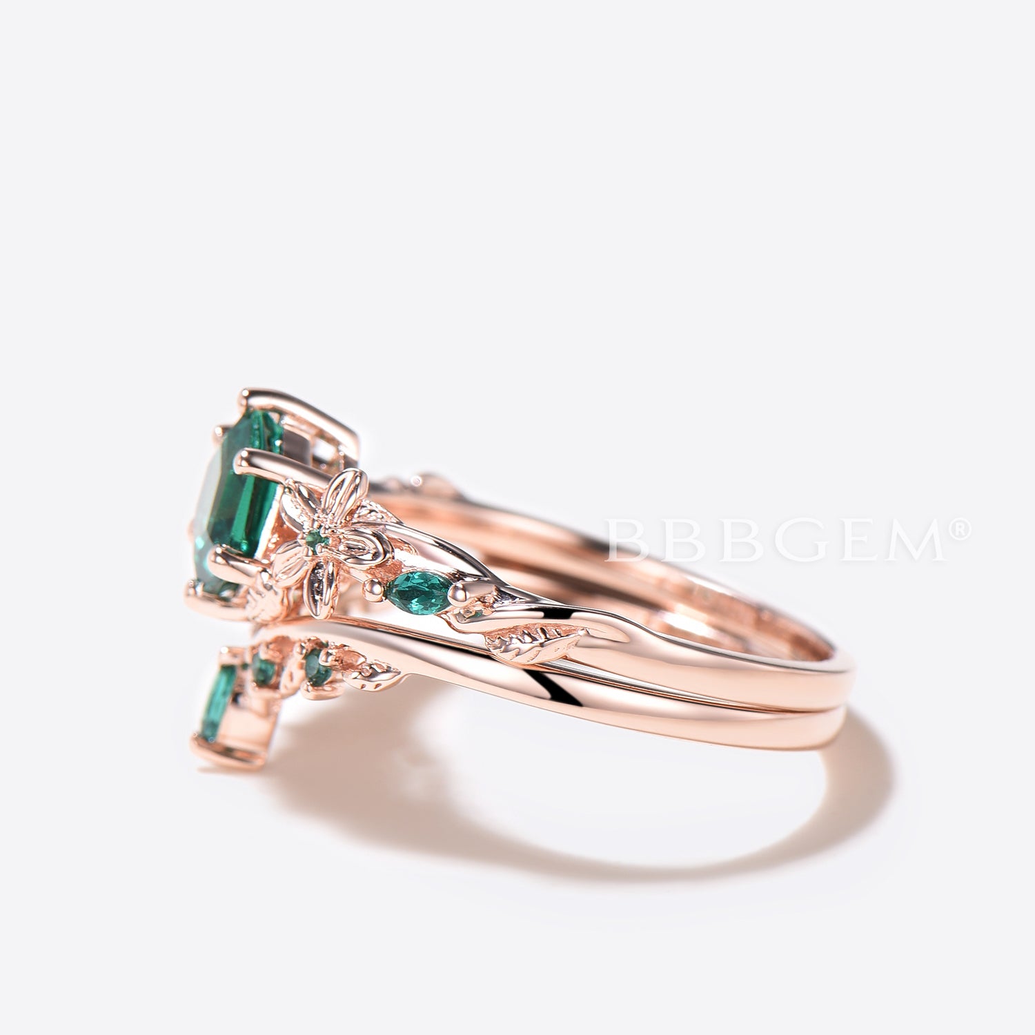 Hexagon Cut Emerald Engagement Ring in Rose Gold with Leaf Design - Floral Wedding Band for Brides, Anniversaries & Romantic Occasions