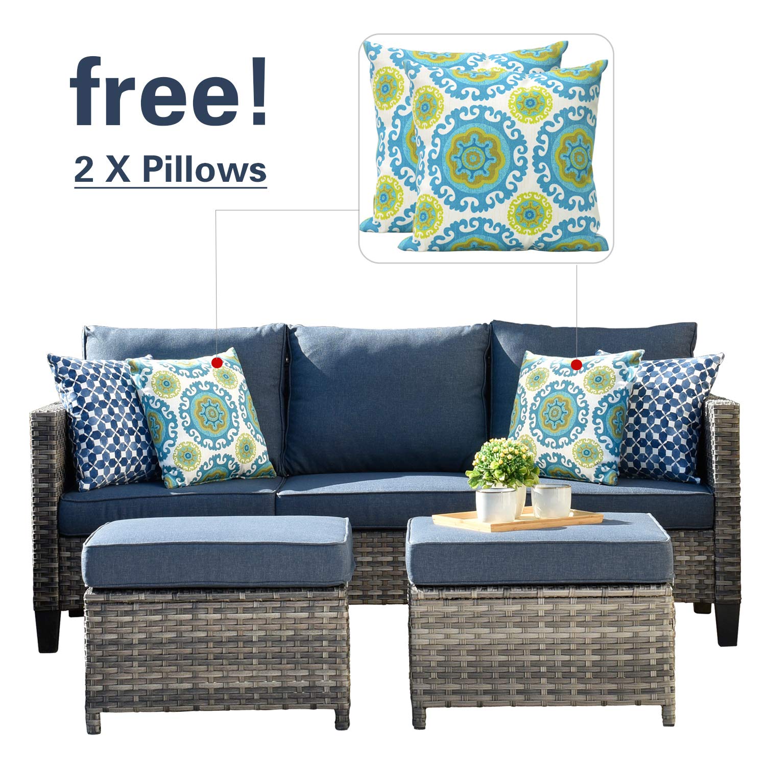 Weather-Resistant Outdoor Patio Sofa Set with 2 Ottomans & Pillows - Deep Seating Wicker Couch for Balcony, Porch, Backyard (Denim Blue) - Perfect for Relaxing, Entertaining & Lounging in Your Outdoor Space
