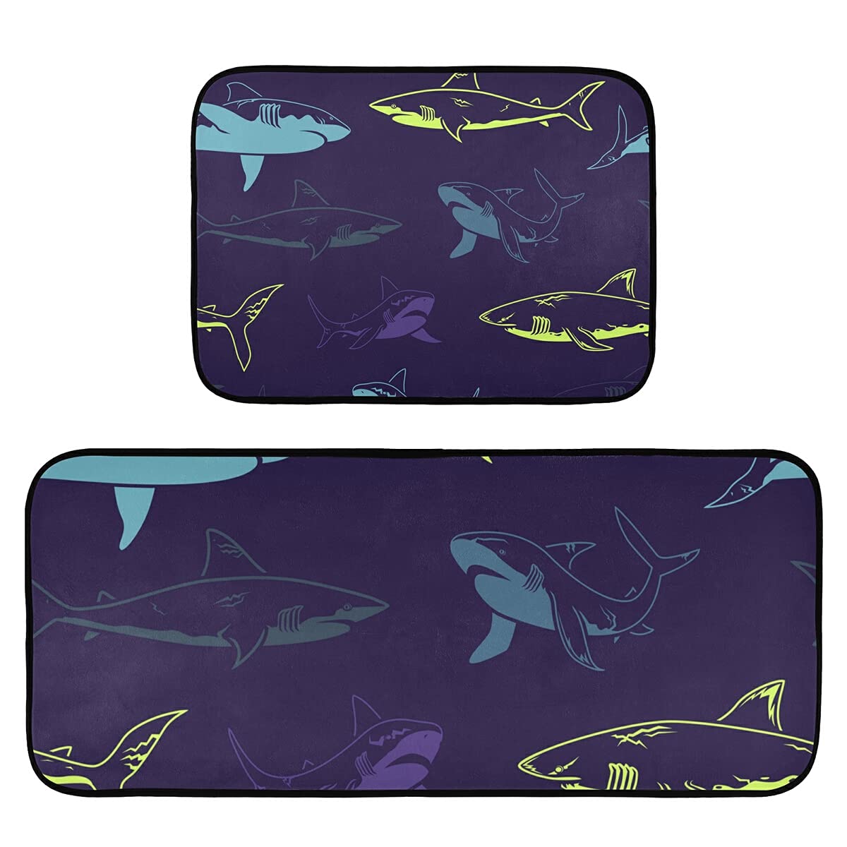 Abstract Shark Kitchen Rugs and Mats Set - 2 Piece Non-Slip Washable Runner Rug for Kitchen Floor, Laundry Room, Bathroom, and Home Decor
