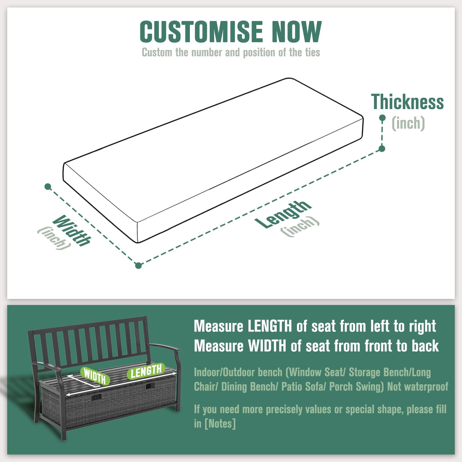 Custom Size Bench Cushion - Thick Upholstery Foam Bay Window Seat Cushion for Indoor/Outdoor Sofa, Patio Furniture - Green (Custom Size) | Perfect for Reading Nooks, Sunrooms & Cozy Window Seats