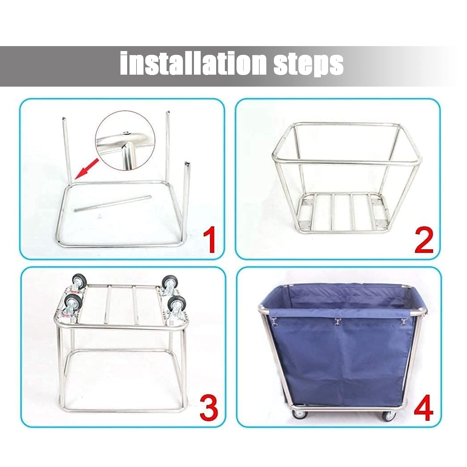 Commercial Heavy-Duty Laundry Hamper Cart with Wheels - Large Stainless Steel Rolling Storage Trolley with Removable Canvas Liners - Ideal for Industrial Laundry, Home Use, Hotels & Hospitals (4-Tier)