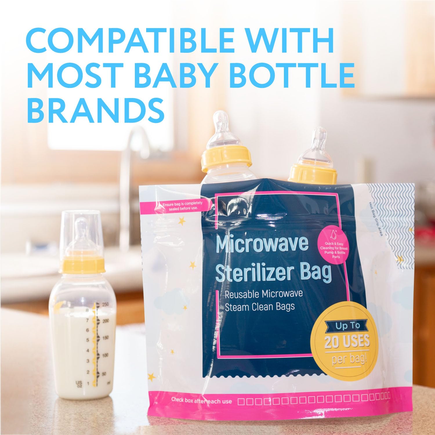 15 Pack Microwave Baby Bottle Sterilizer Bags - 300 Uses for Travel & Home - BPA-Free Breastfeeding Accessories for Quick Bottle Cleaning & Sanitizing - Perfect for Daycare, Traveling & On-the-Go Parents