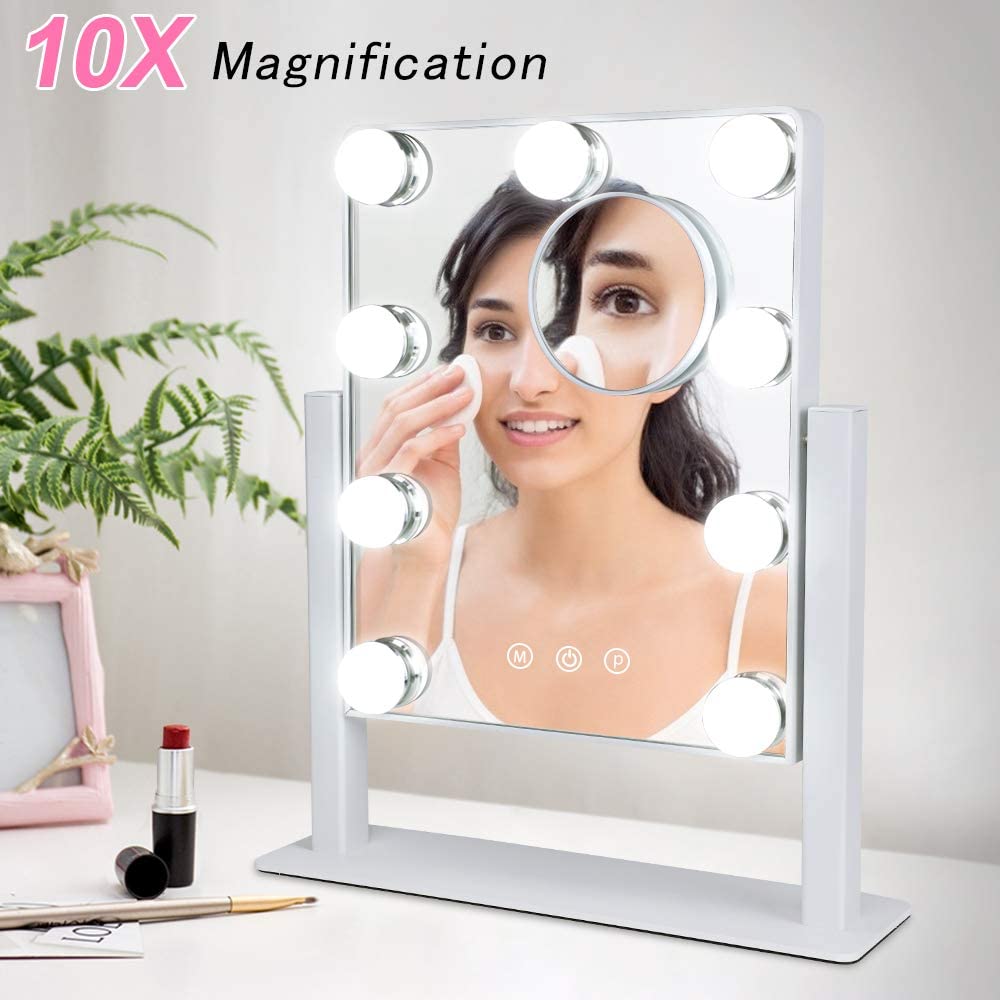 Depuley 14 x 12 Inch Hollywood Vanity Mirror with Lights - 10X Magnification, 9 Dimmable LED Bulbs, Touch Screen & 360° Rotation - White Makeup Mirror (35 x 30 cm) for Bedroom, Dressing Room & Beauty Salon