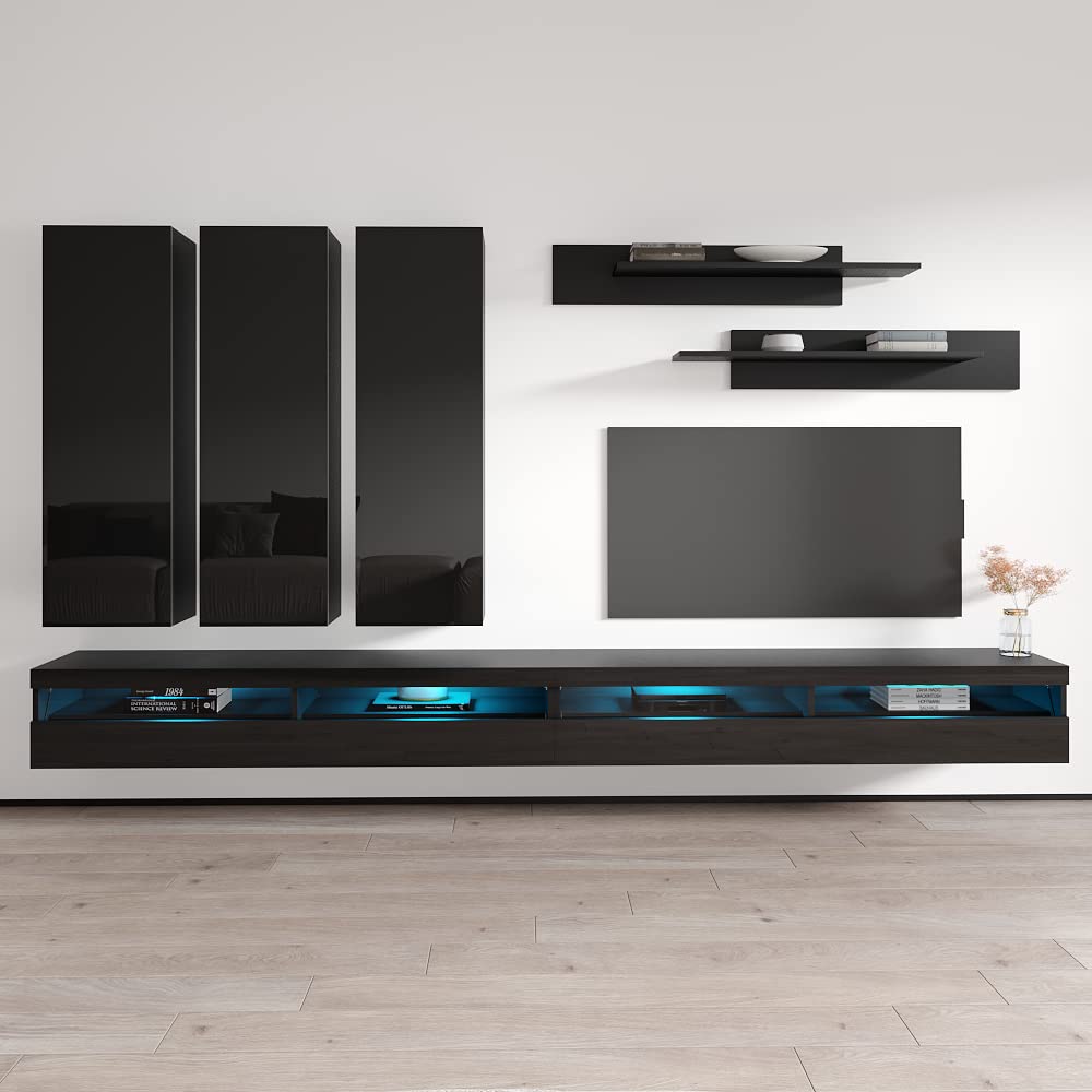 Modern Floating TV Stand with LED Lights & Storage - Wall-Mounted Entertainment Center for Bedroom & Living Room - E1 35TV Console with Shelves - Perfect for Small Spaces & Home Theater Setup - Black
