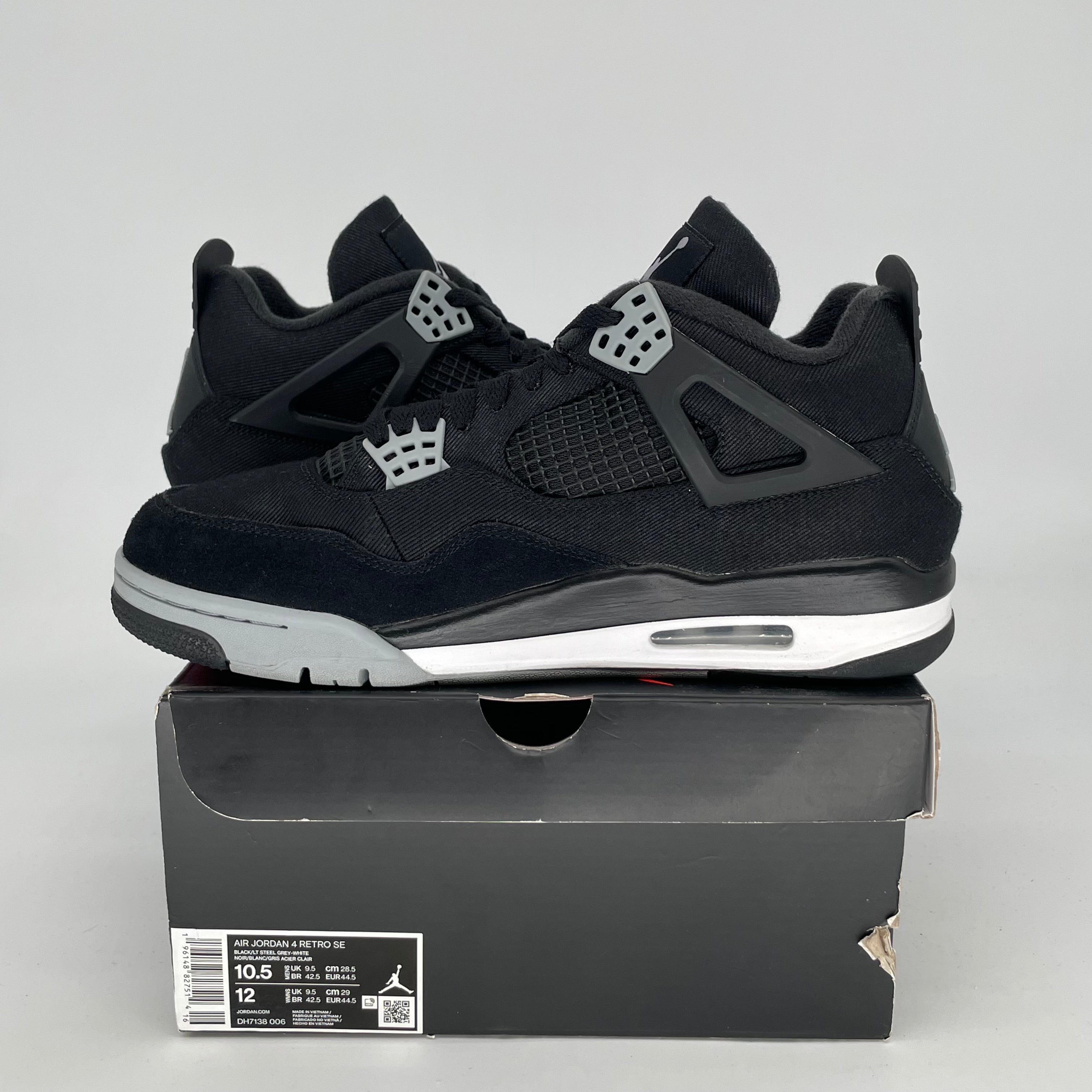 AIR JORDAN 4 Black Canvas Sneakers - Men's Size 10.5/Women's Size 12 (DH7138-006) | Retro Basketball Shoes for Streetwear & Casual Outfits