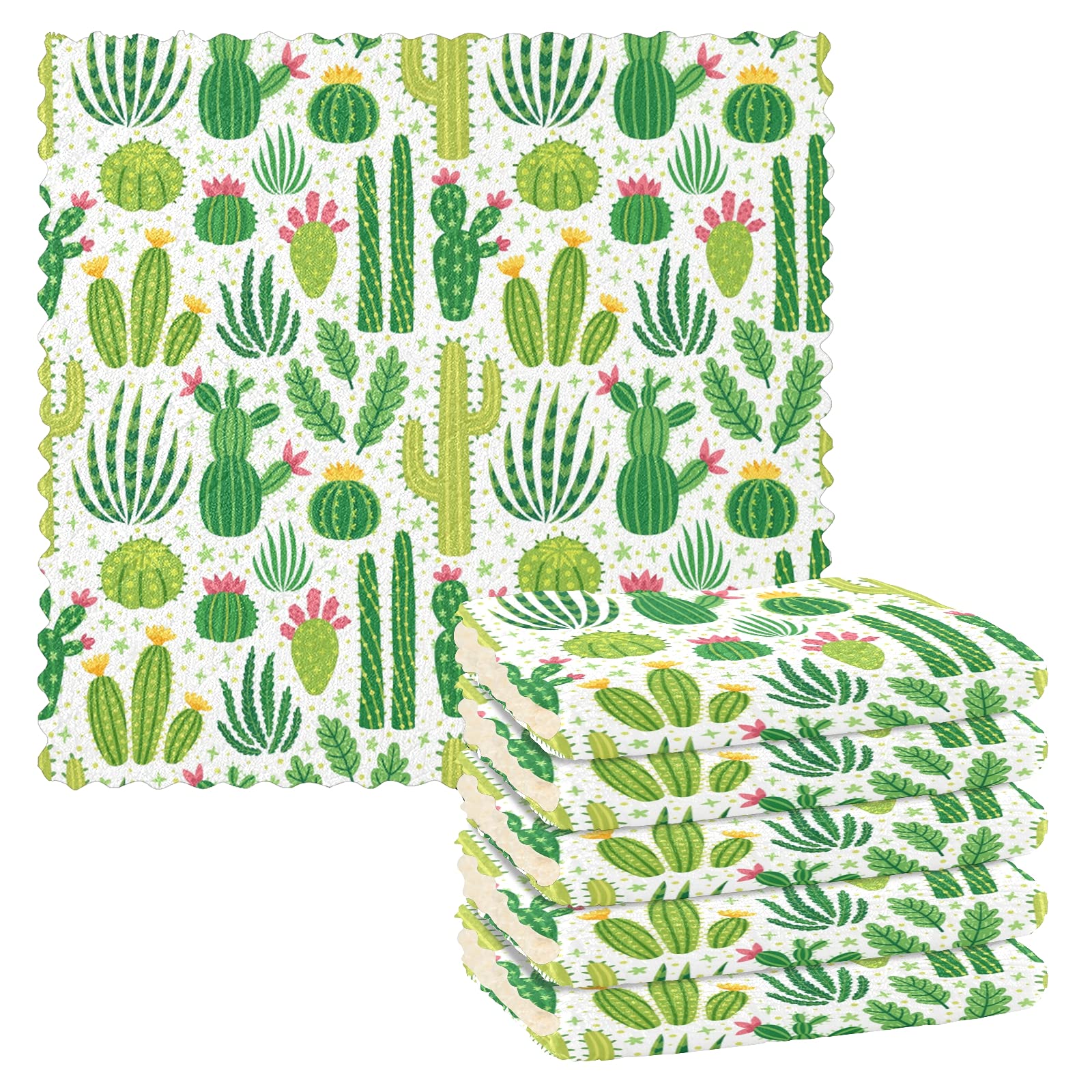 SUABO 6 Pack Cactus Printed Kitchen Towels - Absorbent & Reusable Dish Cloths for Cleaning, Washing Dishes & Drying Hands - Perfect for Kitchen, Dining & Household Use