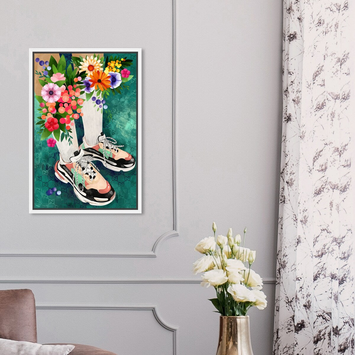 Stylish Floral Sneakers & Socks Set with Modern Green Canvas Wall Art - Perfect for Bedroom Decor and Casual Outfits