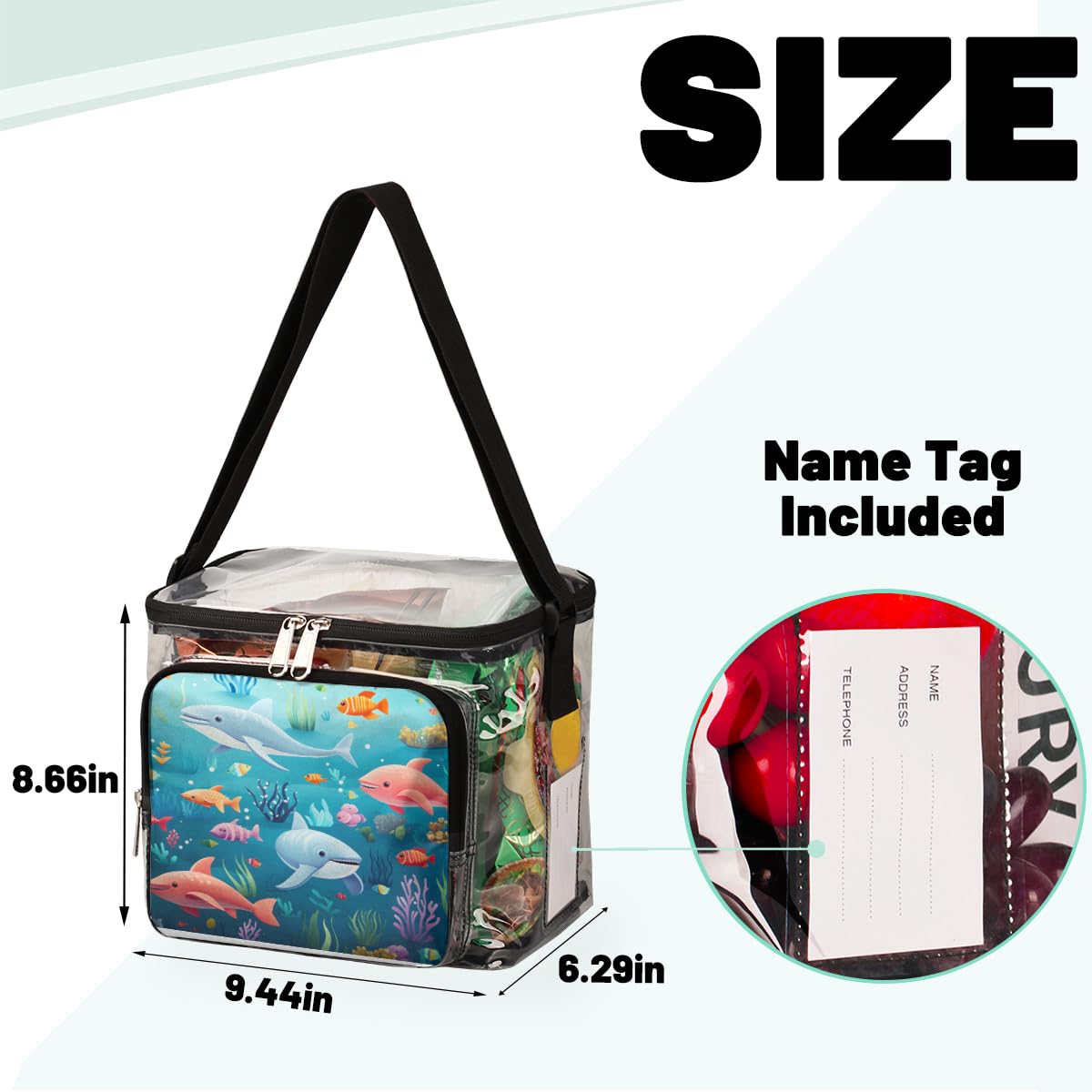 GzLeyigou Clear Transparent Underwater Animal Print Tote Bag - Whale Coral Fish Design Crossbody Shoulder Bag with Handles for Lunch, Beach, Travel, Picnic, Concerts & Sports Events | Stadium Approved Waterproof Shopping Bag for Pool, Aquarium Visits & Summer Outings