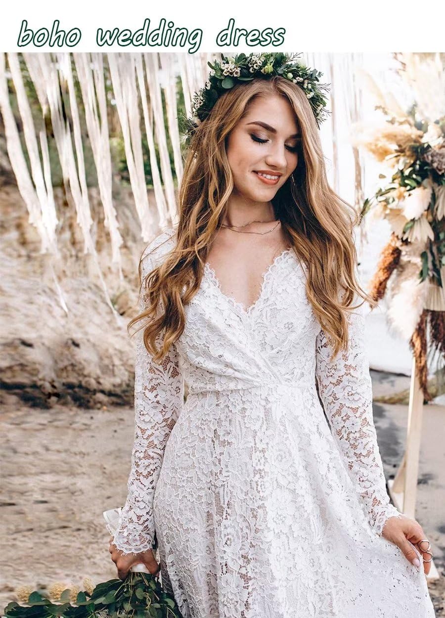 Elegant Long Sleeve Lace Wedding Dress for Bride - A-Line Backless Boho Bridal Gown with Flowy Sleeves | Perfect for Beach, Garden & Vintage Theme Weddings