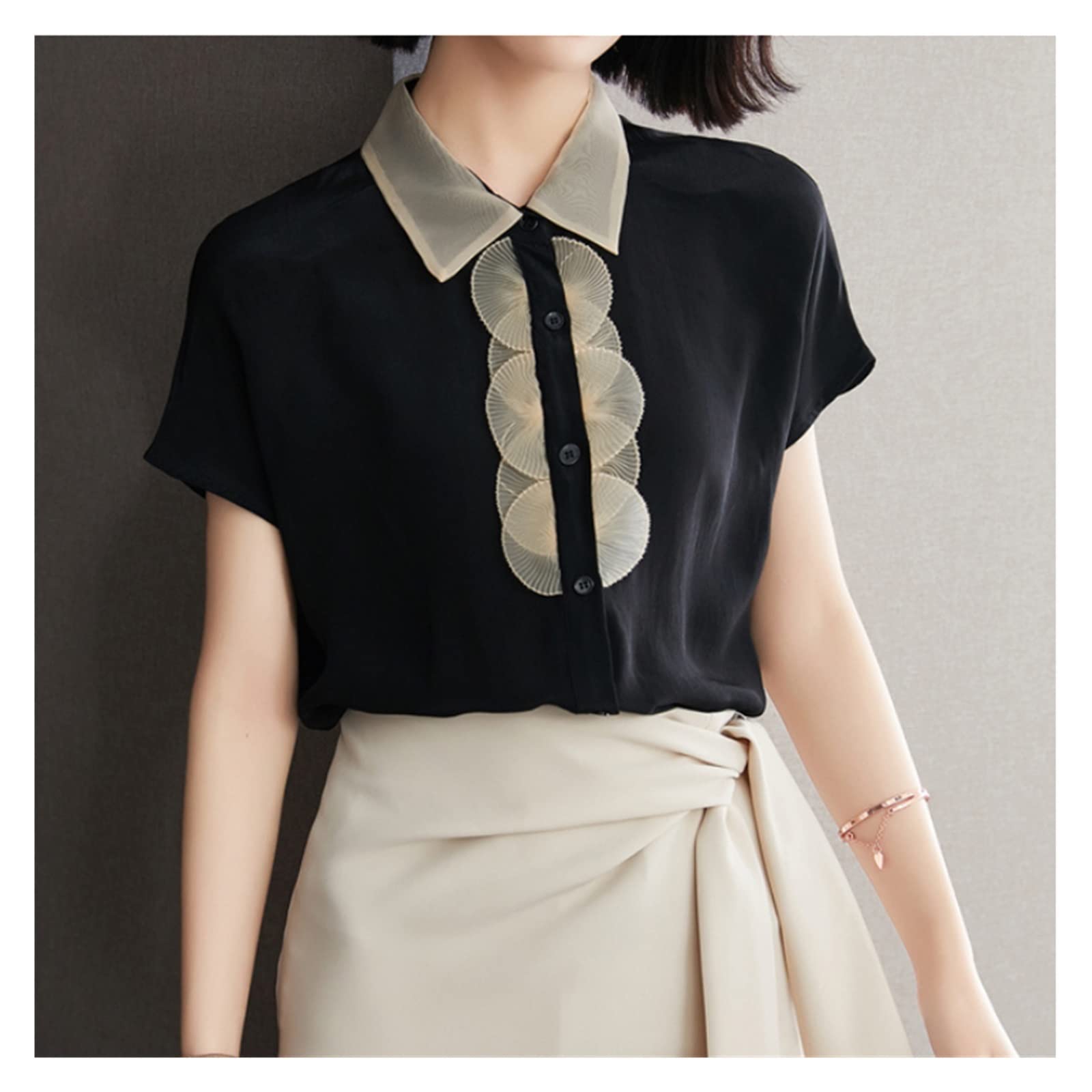 Black Chiffon Lace Short Sleeve Blouse for Women - Spring Summer Office Casual Shirt (Size S) - Perfect for Work, Date Night & Special Occasions
