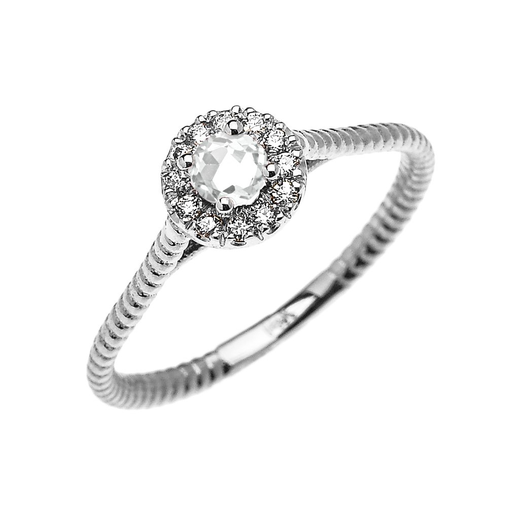 10K White Gold Dainty Halo Diamond & Solitaire White Topaz Rope Design Promise Ring for Women - Elegant Engagement, Anniversary or Gift Jewelry for Her