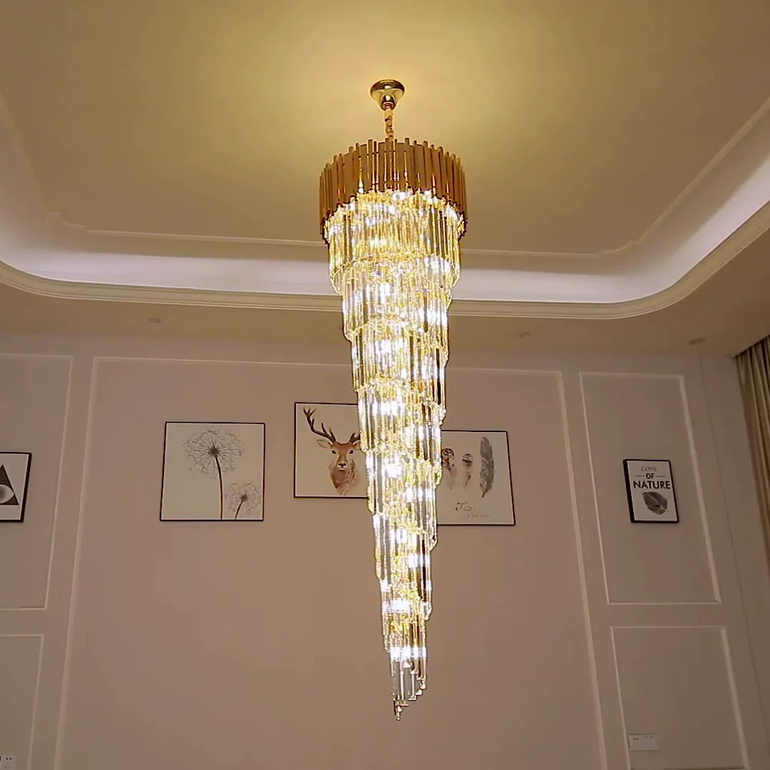 Luxury Gold Spiral Crystal Chandelier - Elegant Ceiling Light Fixture for Staircase, Foyer, Entryway | Perfect for Home Decor, Wedding Venues & Luxury Hotels