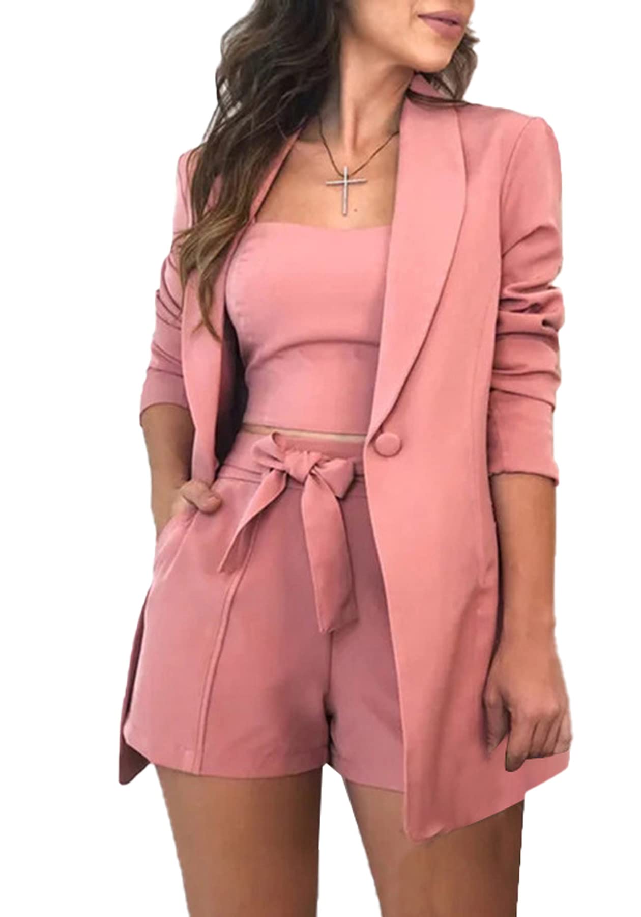 Women's 3-Piece Blazer Set - Open Front Button Blazer, Crop Top & Shorts with Belt | Business Casual Office Outfit, Workwear Suit, Professional Attire for Women