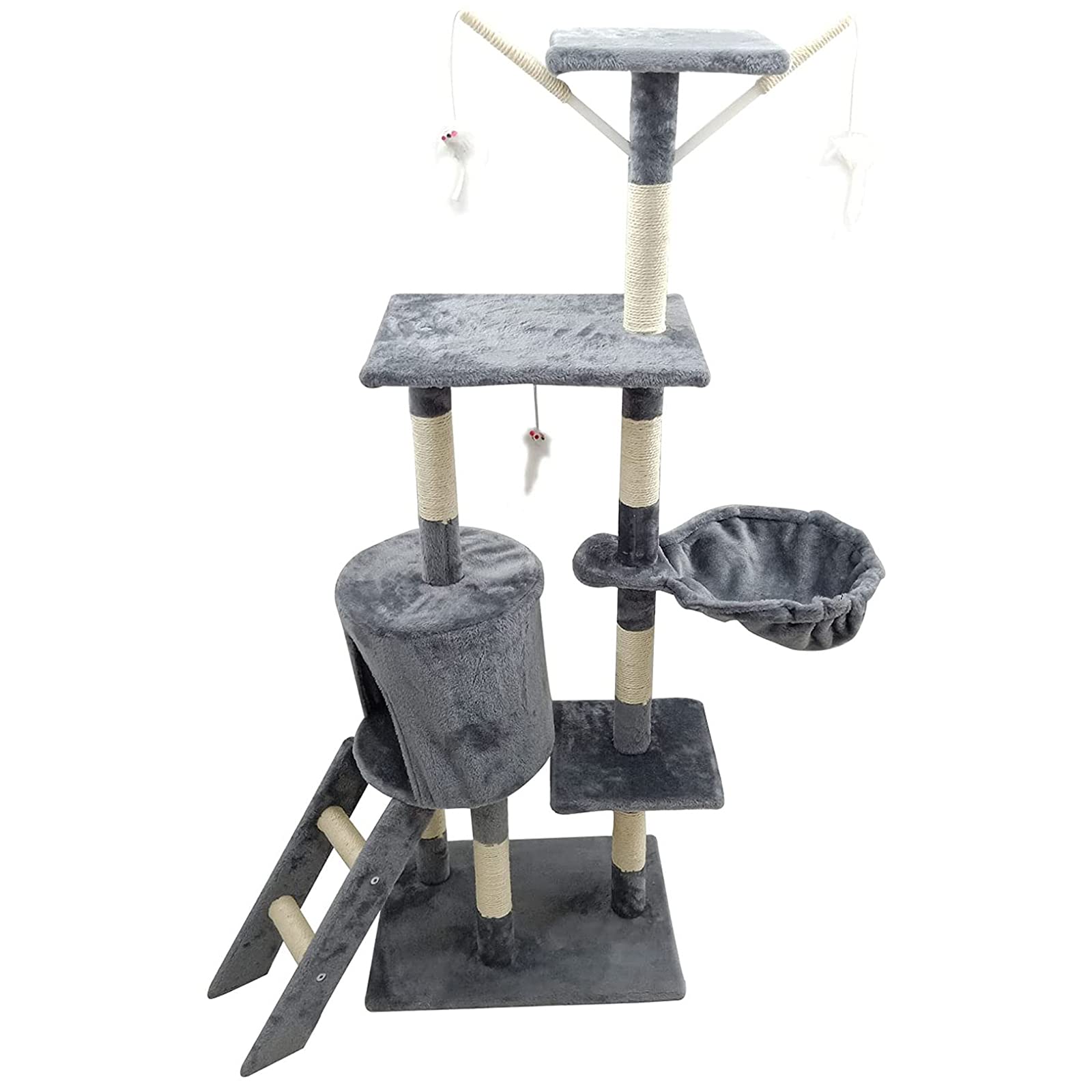 Premium Multi-Level Cat Tree with Hammock, Ladder & Scratching Posts - Indoor Cat Tower for Play & Rest - Sisal & Plush Mouse Toys Included - Perfect for Small Spaces & Active Cats