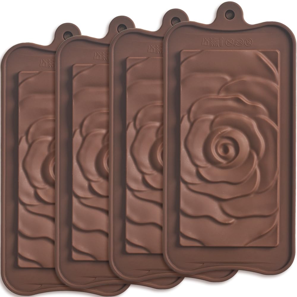 Premium Break Apart Silicone Chocolate Bar Molds with Rose Flower Design - 4 Pack for Homemade Protein Bars, Energy Bars & Candy Making - Perfect for Valentine's Day Gifts, Baking Parties & DIY Treats