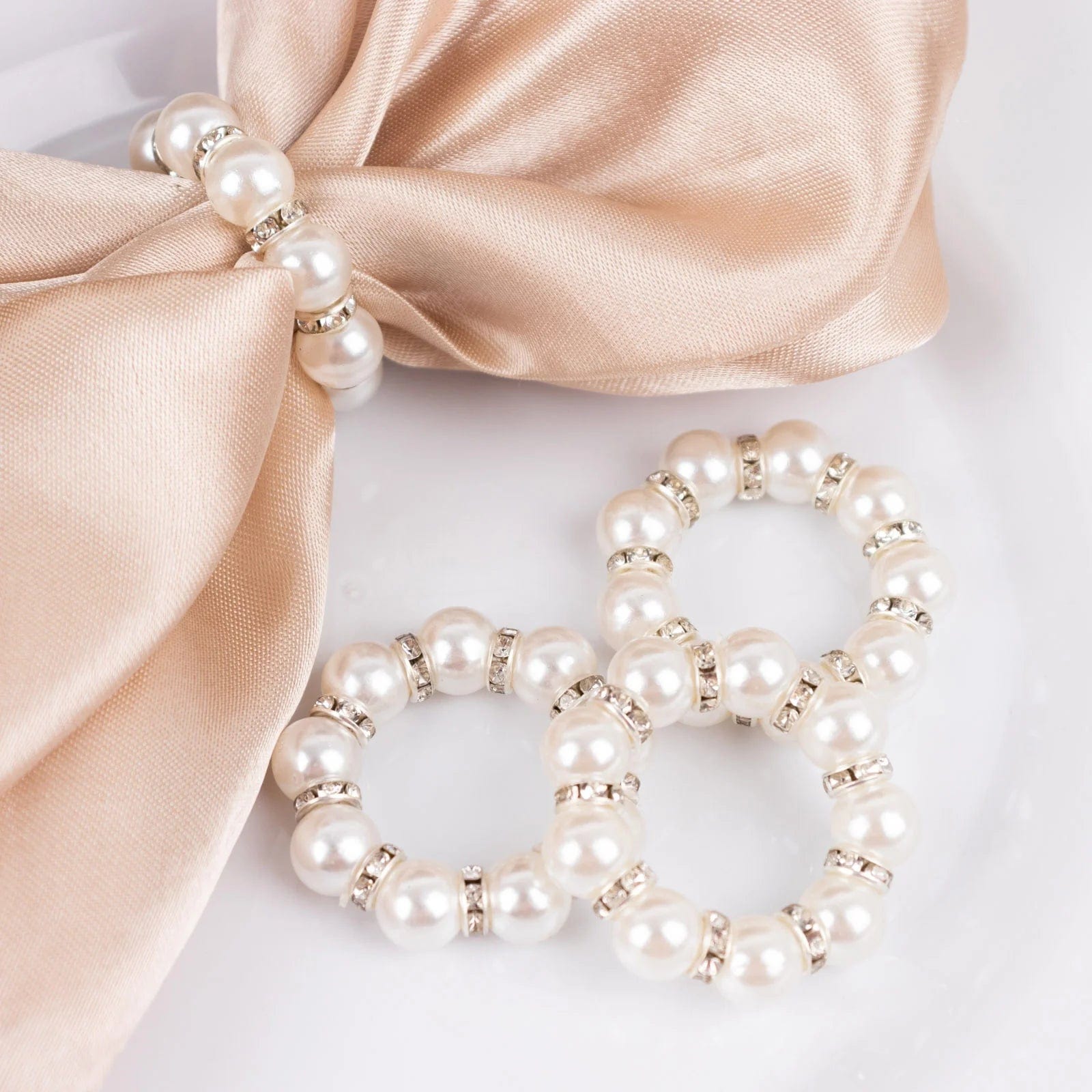 4 Pack Faux Pearl & Rhinestone Napkin Rings - Elegant White & Silver Wedding Table Decor for Bridal Shower, Dinner Party, and Holiday Celebrations