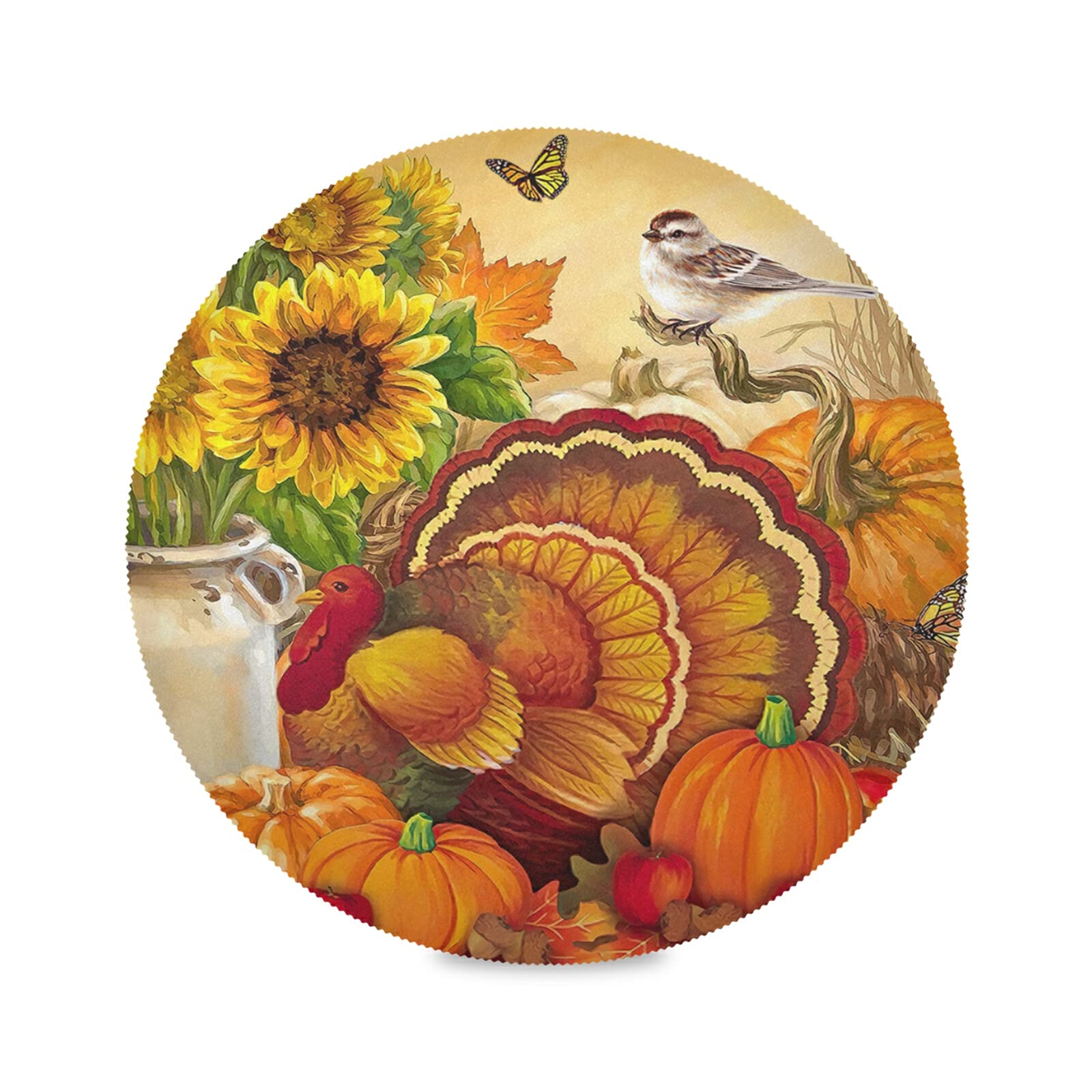 CHIFIGNO 15 Inch Thanksgiving Turkey Pumpkin Round Placemats Set of 1 - Heat Resistant Non-Slip Kitchen Table Mats for Dining, Dinner Parties, BBQs - Perfect for Indoor and Outdoor Holiday Decorations
